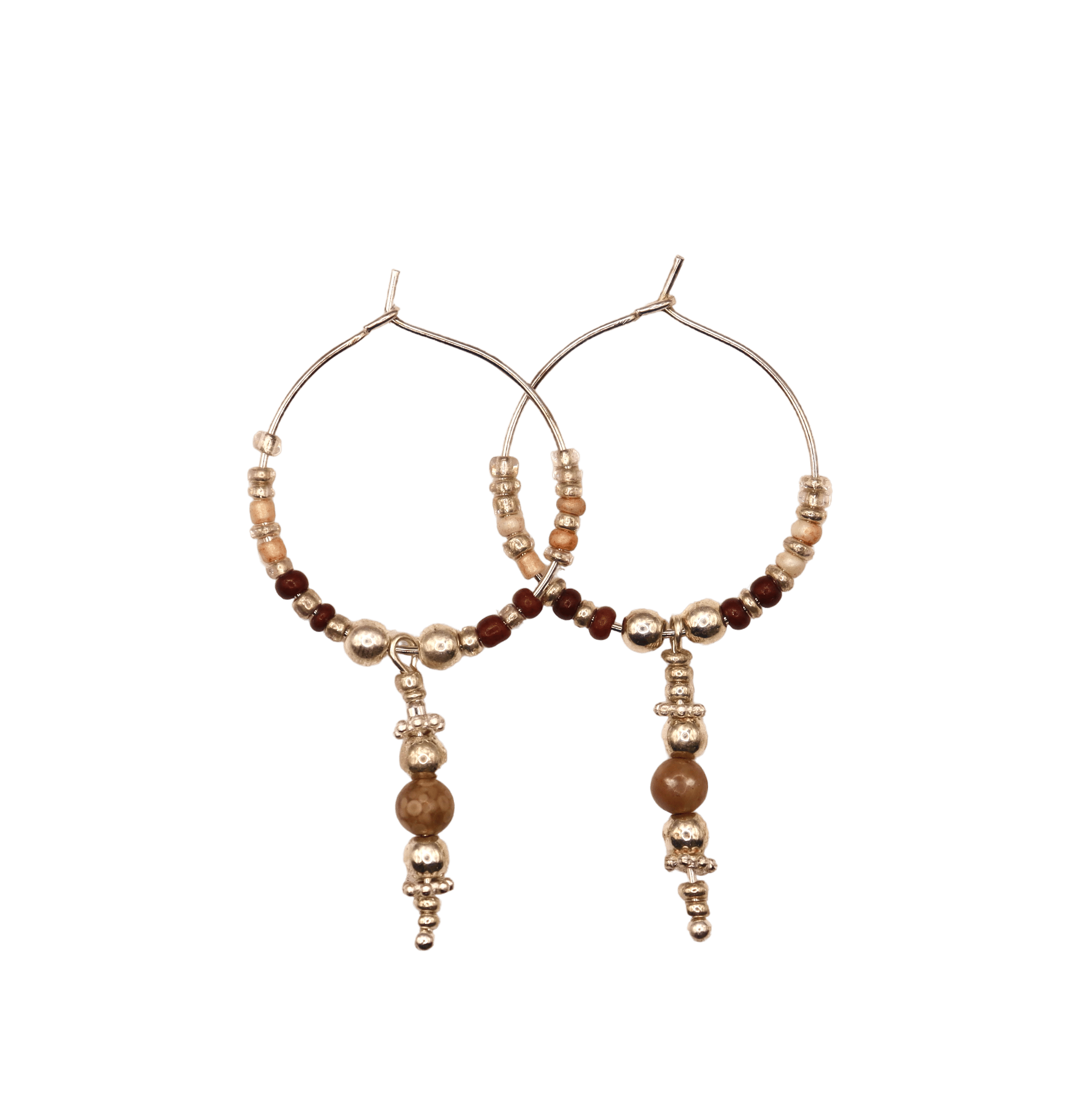 Creamy Brown Agate & Silver Drop Hoops