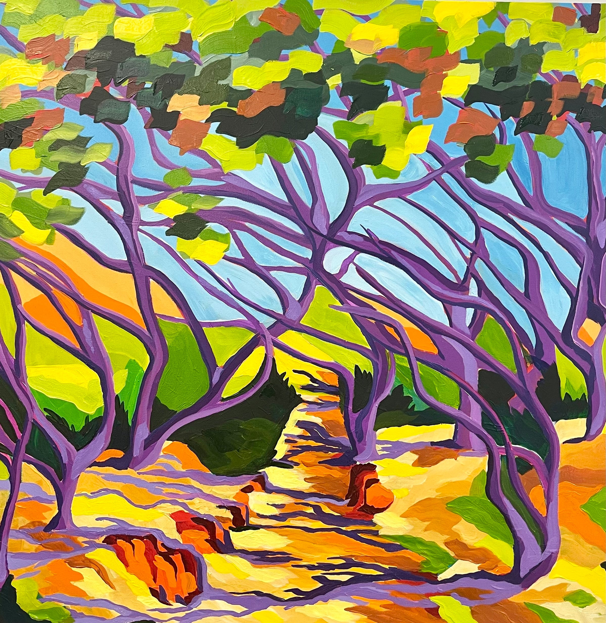 Enchant your space with "Stained Glass Sky" by Maggie Deall. This float-framed artwork features a vibrant forest scene under a colorful sky, perfect for adding a touch of magic and whimsy to any room.
