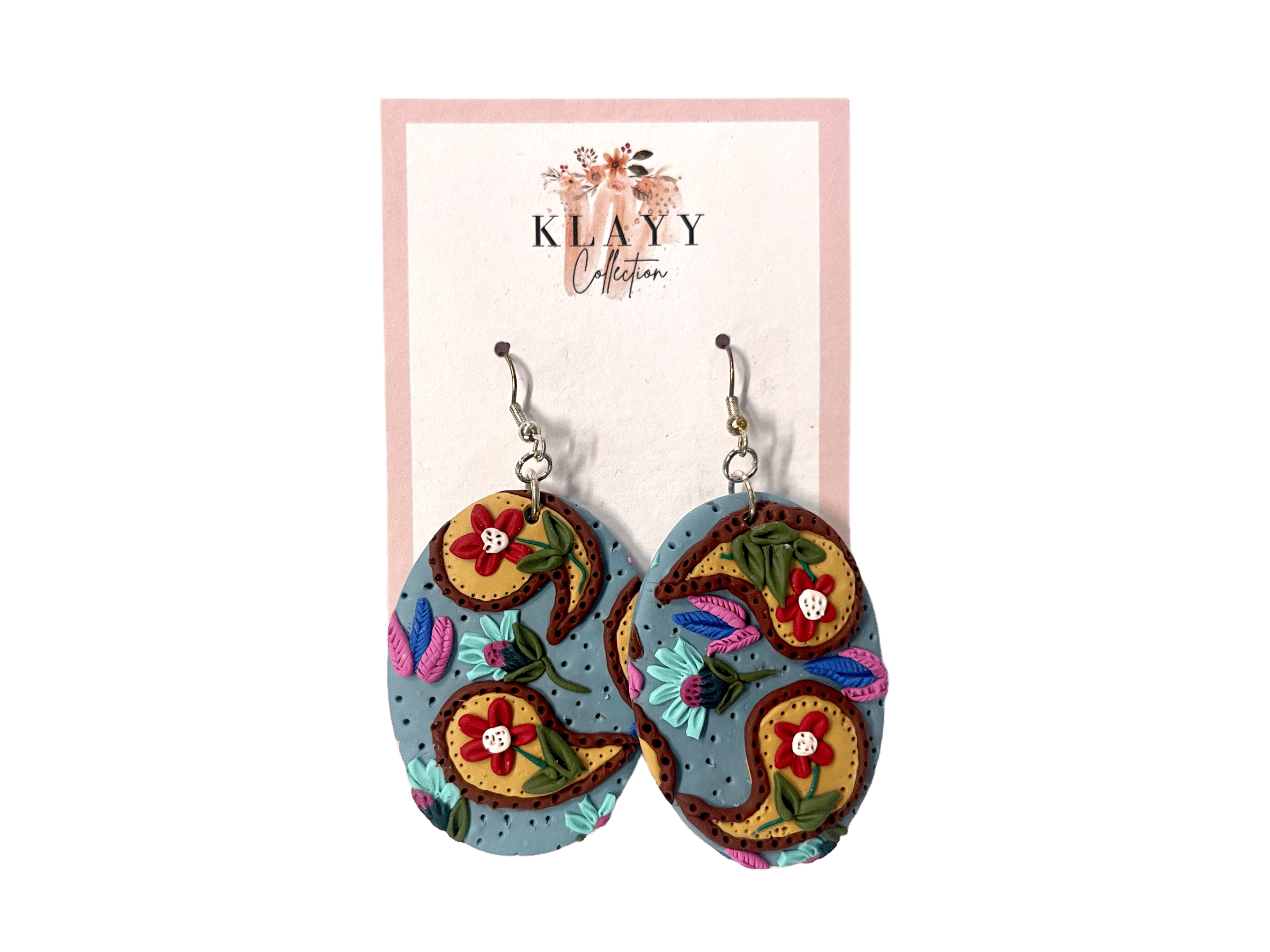Add colour to your day with Paisley Picnic polymer clay earrings by Klayy Collection – handmade paisley florals in blue, mustard & berry tones.