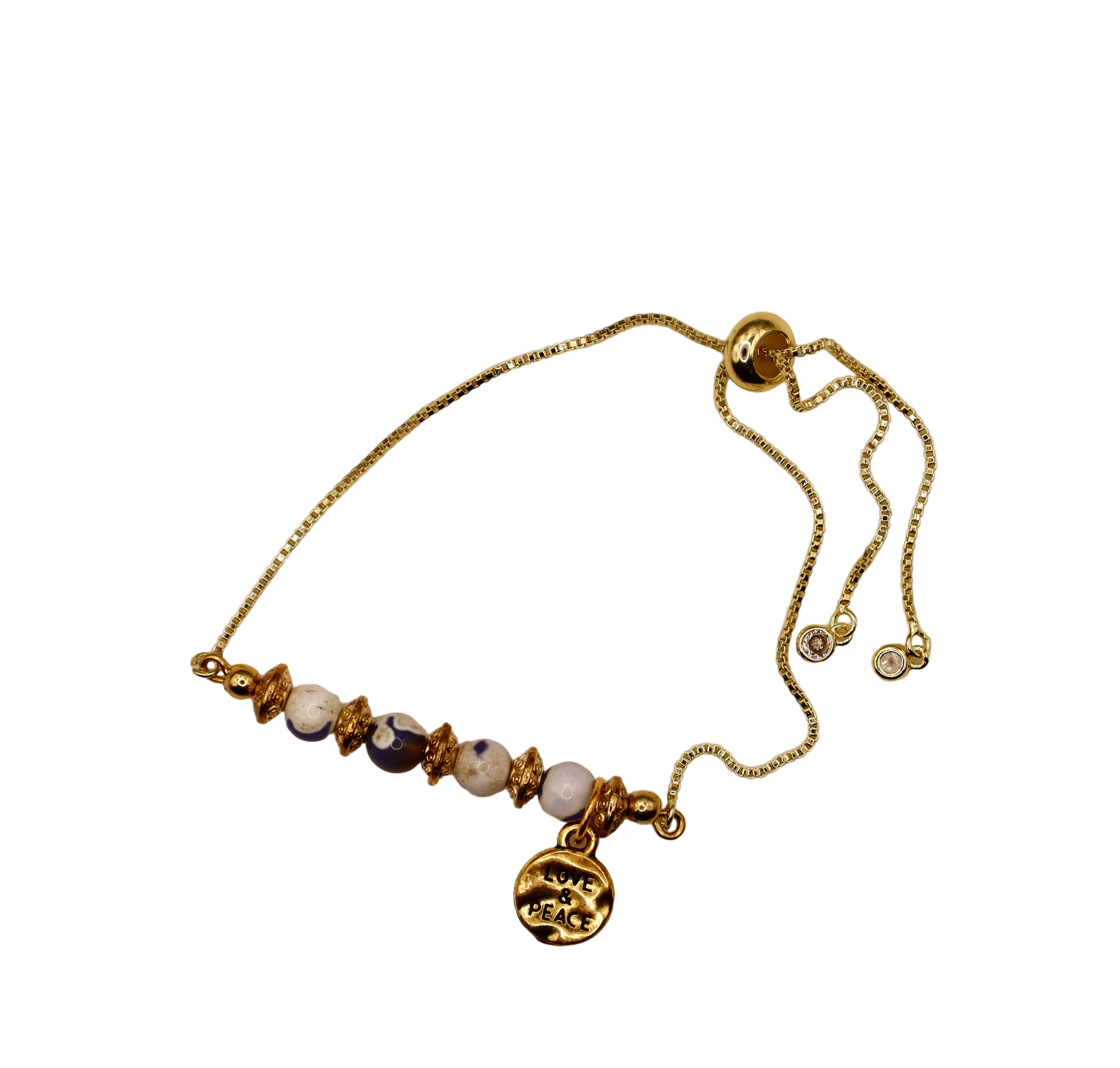 Ocean Bead & Gold Slider Bracelet with CZ Charms
