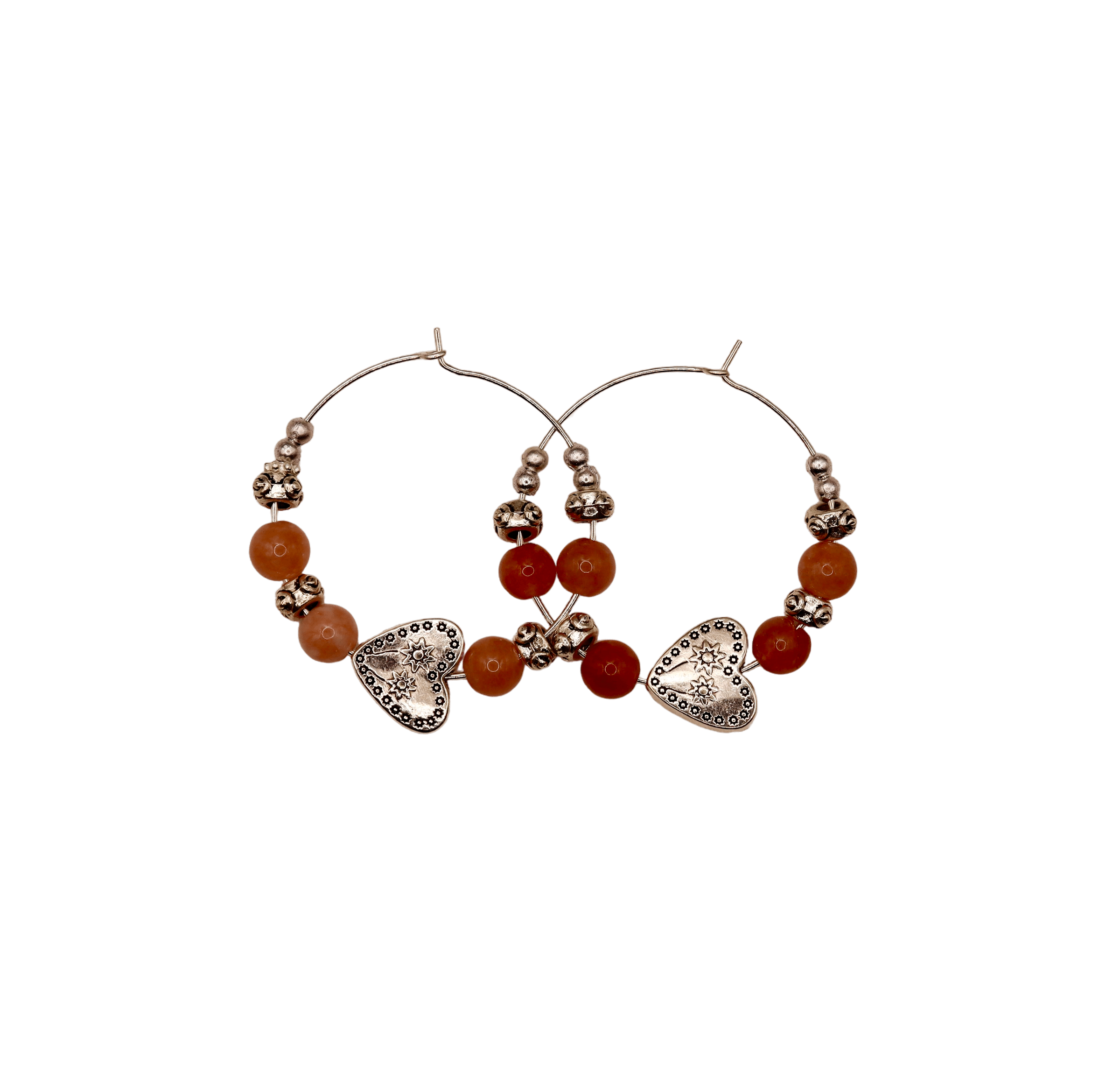 Smokey Orange Quartz With Silver Daisy Heart Hoops