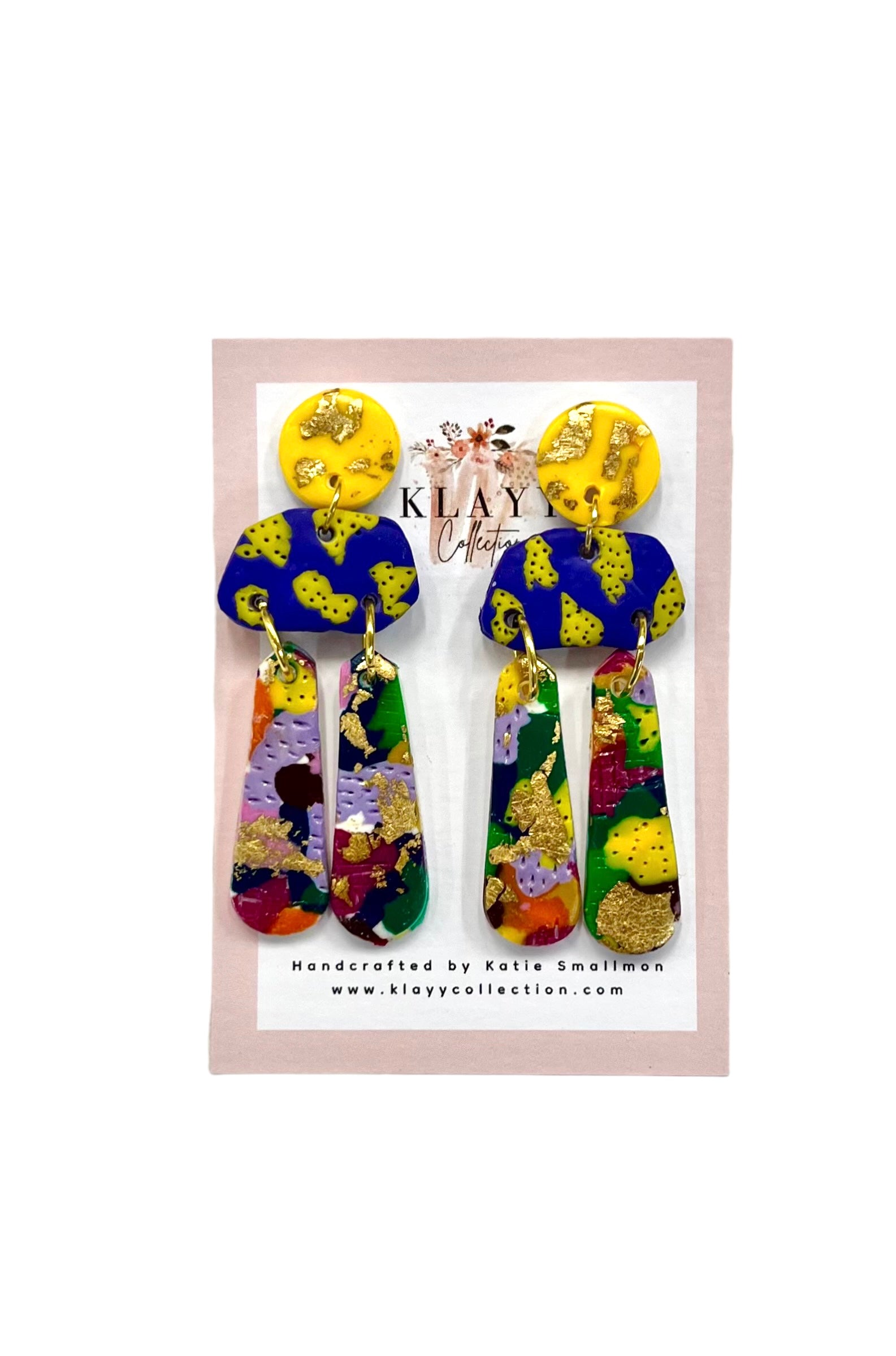 Step into Electric Avenue – bold handmade polymer clay earrings by Klayy Collection with vibrant colour & gold shimmer. Lightweight statement drops.