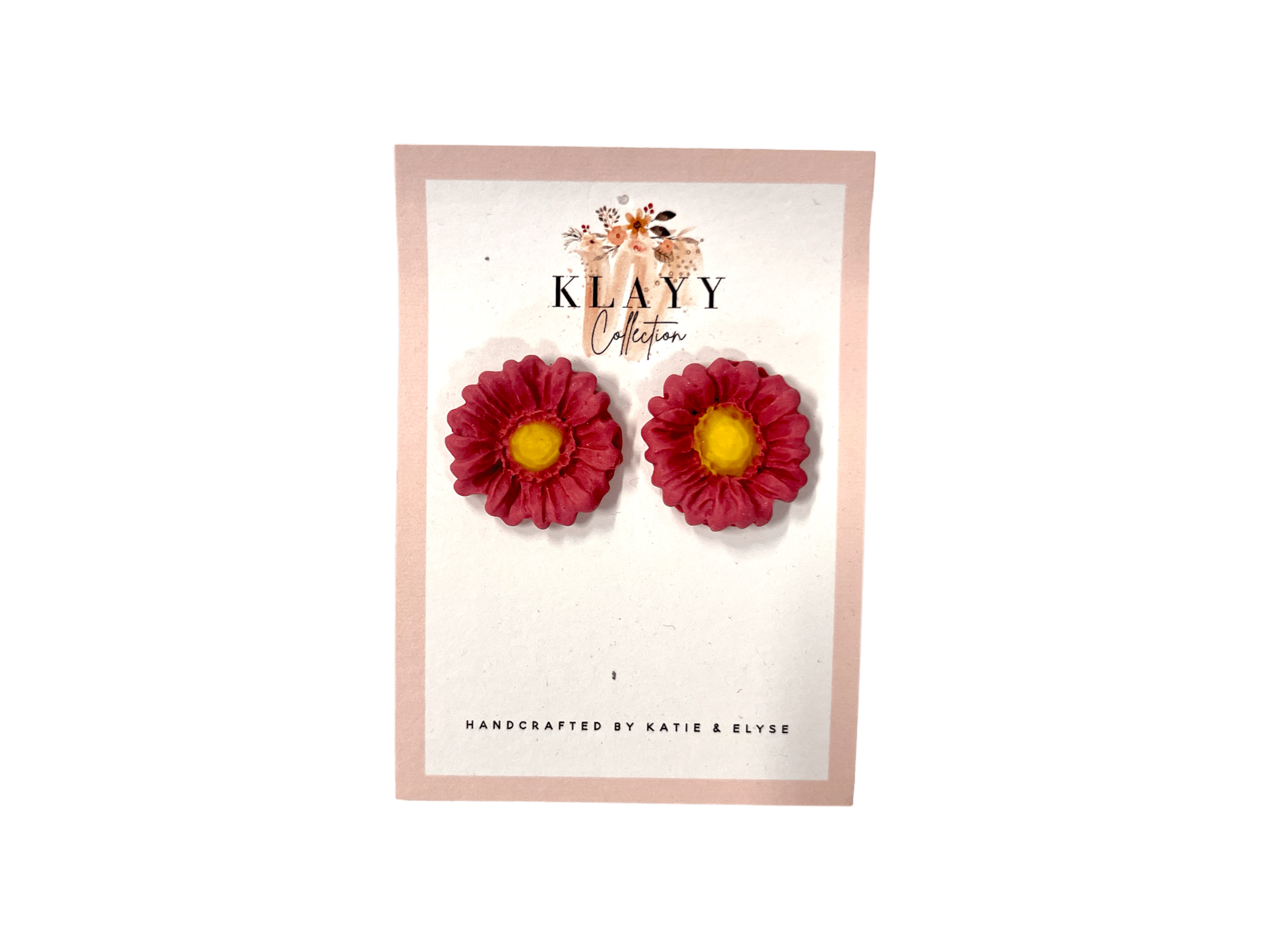 Berry Bloom Studs by Klayy Collection – handmade polymer clay floral studs in berry pink with sunny yellow centres. Lightweight & cheerful.