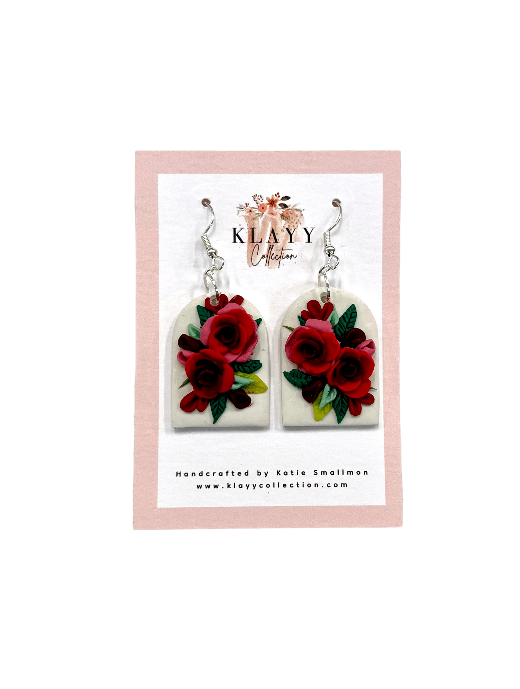 Handmade Blooming Romance Earrings by Klayy Collection — polymer clay floral earrings with sculpted roses and leaves for a beautifully romantic look.