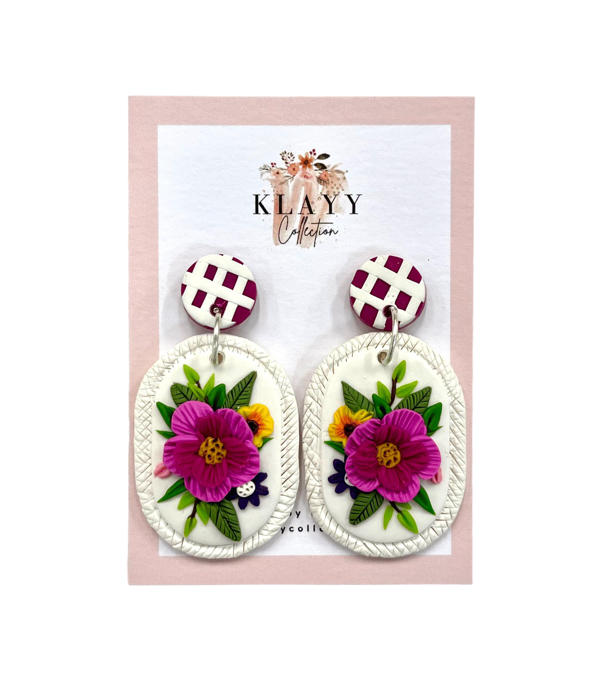 Lattice Love handmade polymer clay earrings by Klayy Collection – pink floral ovals with check tops. Fun, feminine & full of garden charm.