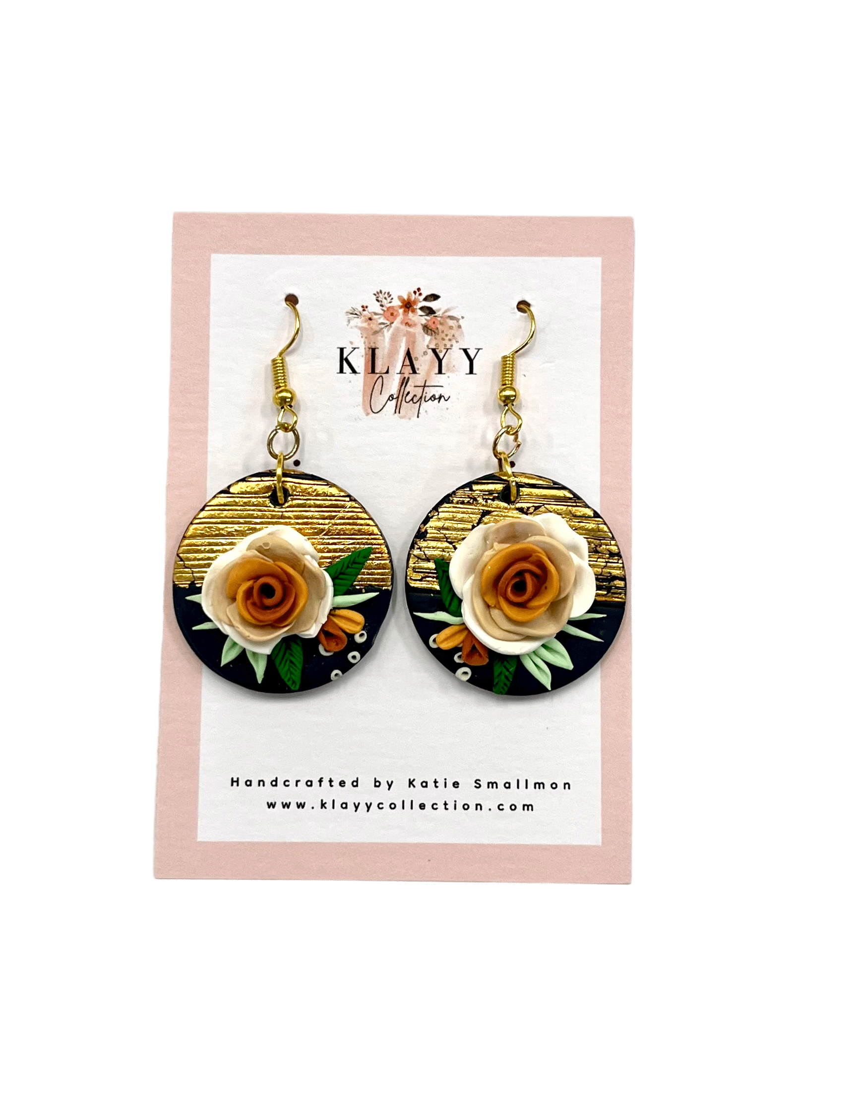 Handmade polymer clay earrings with gold foil shimmer & sculpted roses. Elegant, lightweight & one-of-a-kind statement florals.