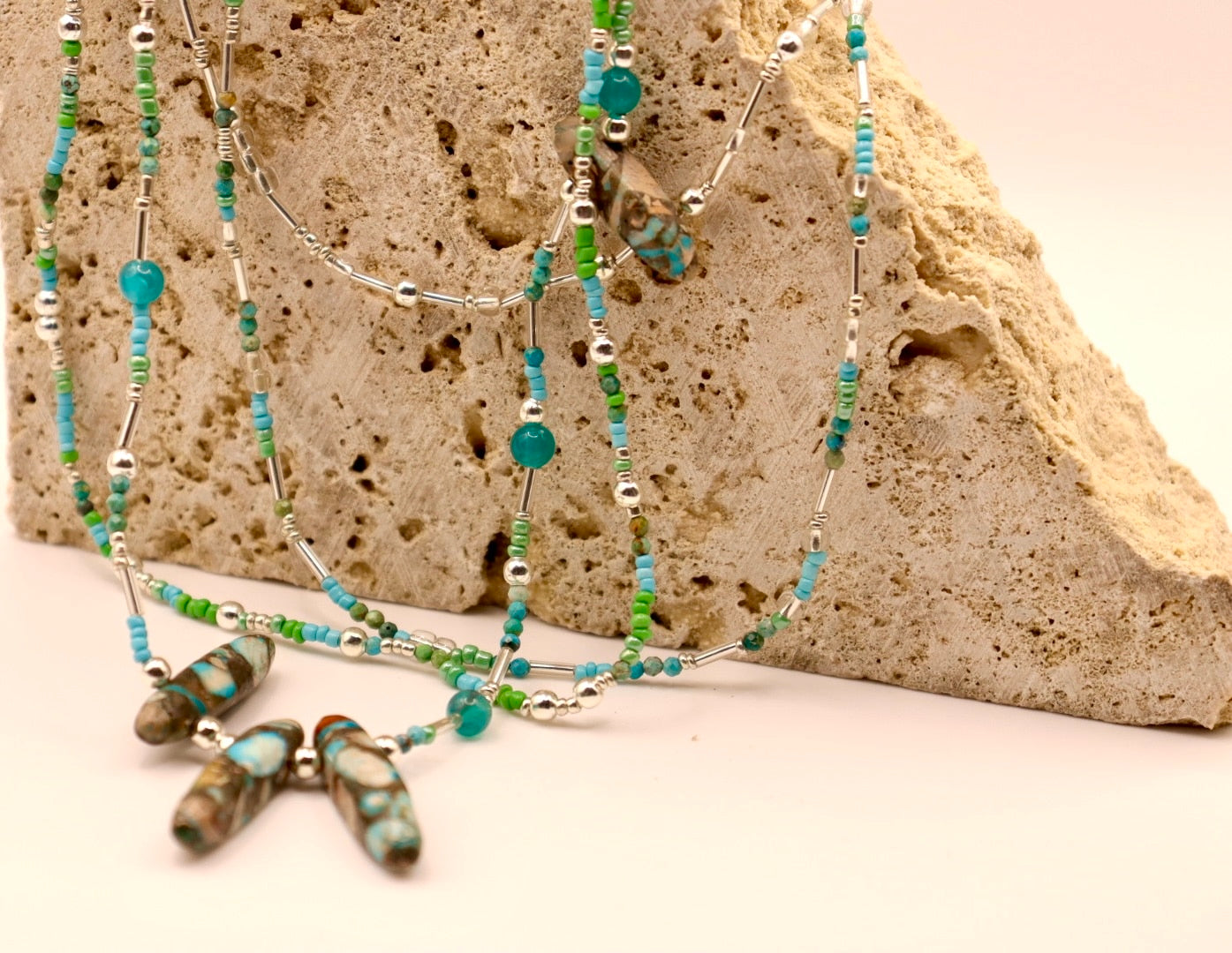 Silver and natural turquoise three strand necklace