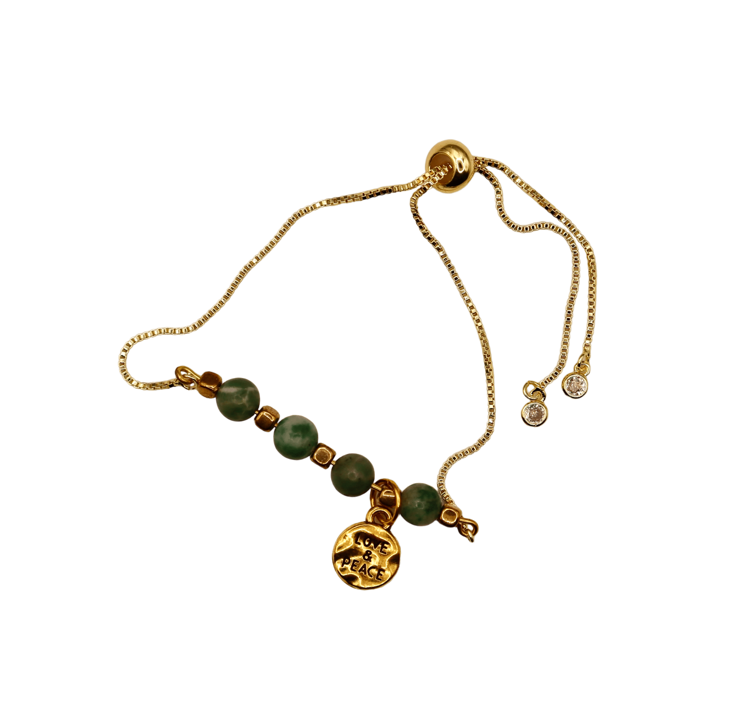 Smokey Green Quartz & Gold Slider Bracelet with CZ Charms