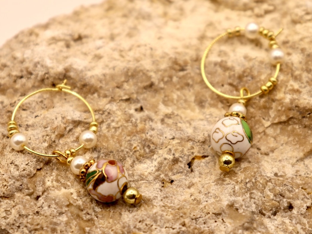 Cream and gold flower cloisonne hoops