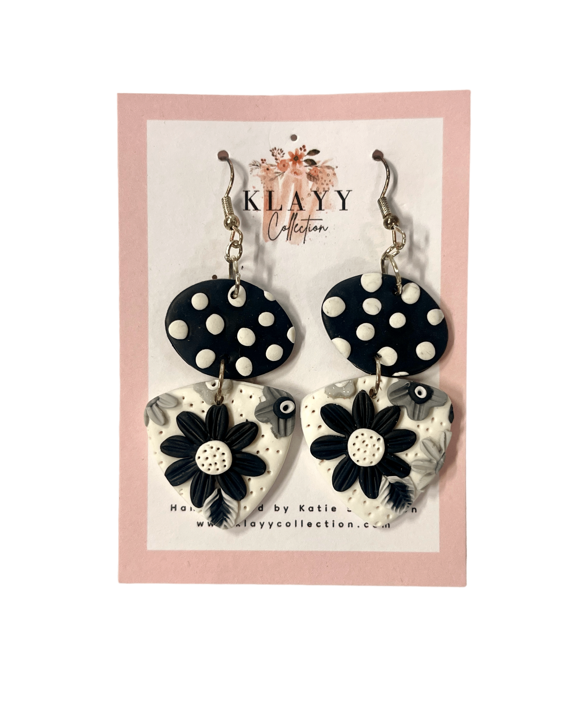 Handmade Monochrome Bloom Earrings by Klayy Collection — elegant black and white floral polymer clay earrings with timeless modern flair.