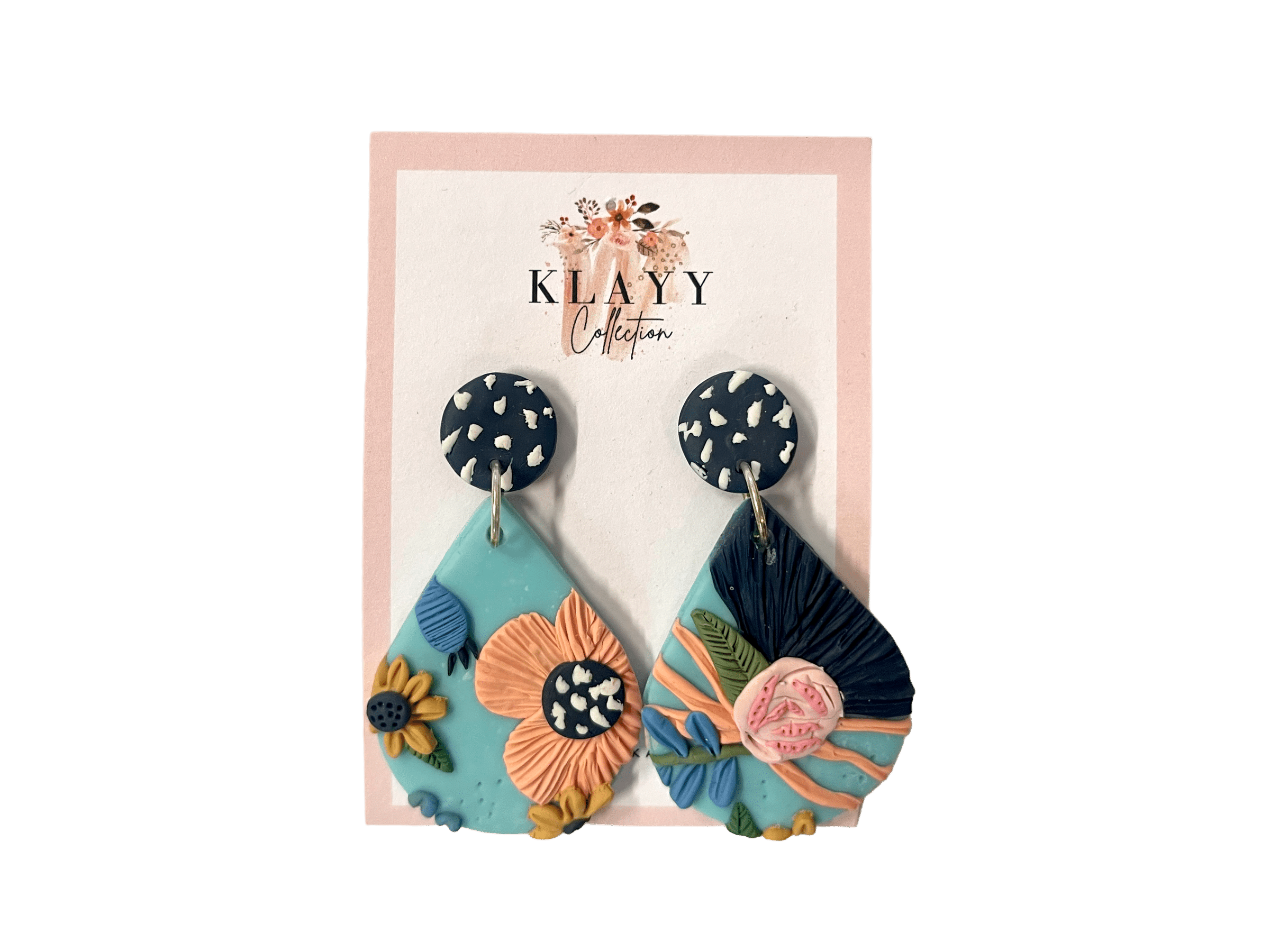 Seaside Blooms – turquoise & navy handmade polymer clay earrings inspired by coastal florals. Vibrant, lightweight & unique.