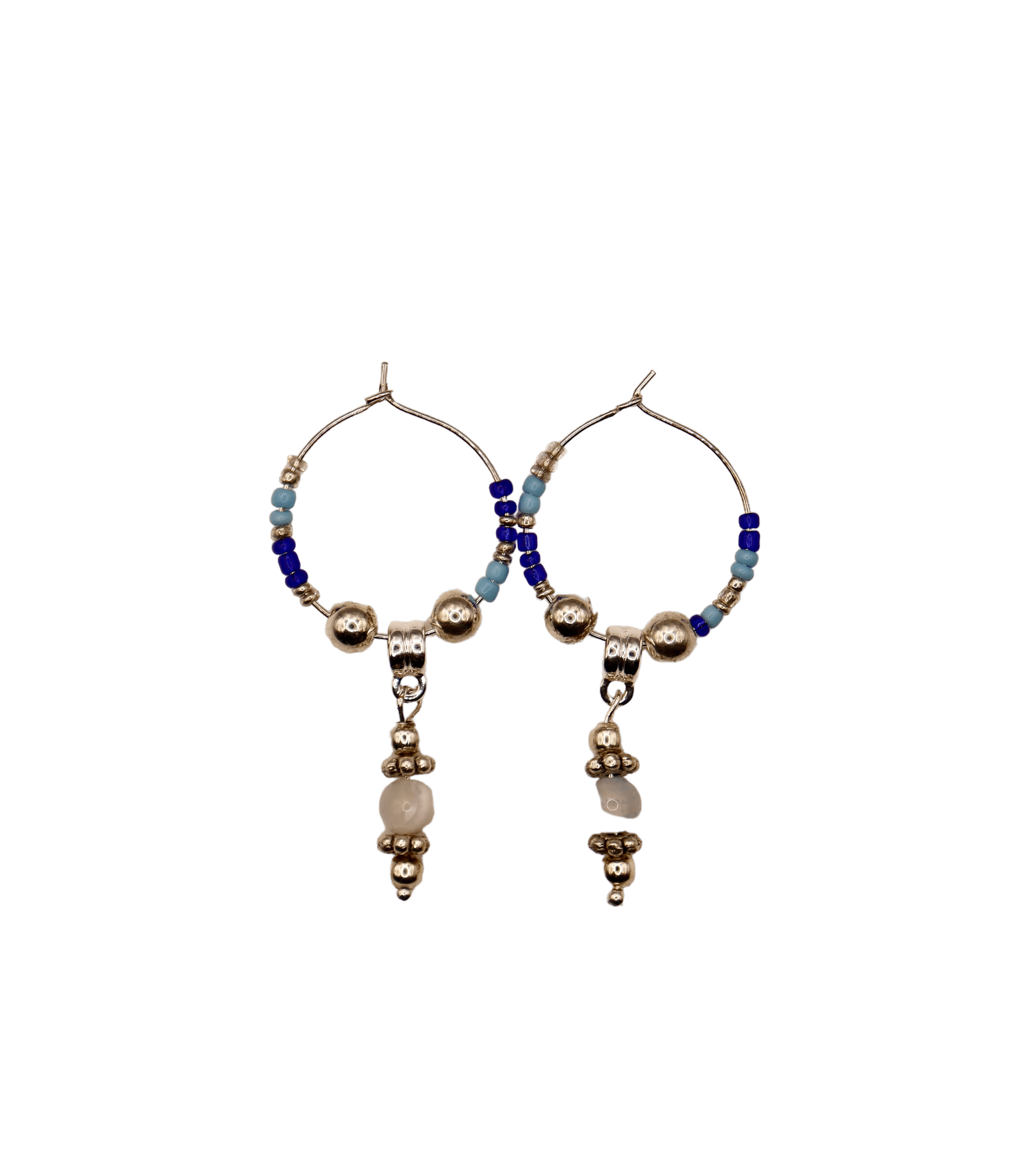 Blue Glass & Silver Drop Hoops
