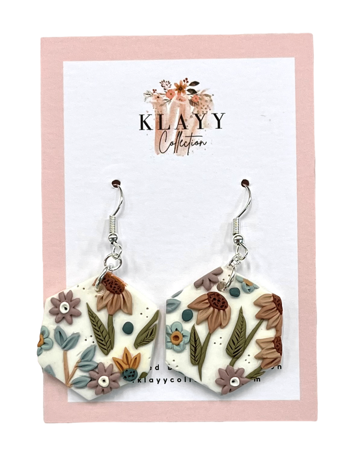 Rustic Garden handmade polymer clay earrings by Klayy Collection – floral hexagon dangles in earthy tones, inspired by native Australian blooms.