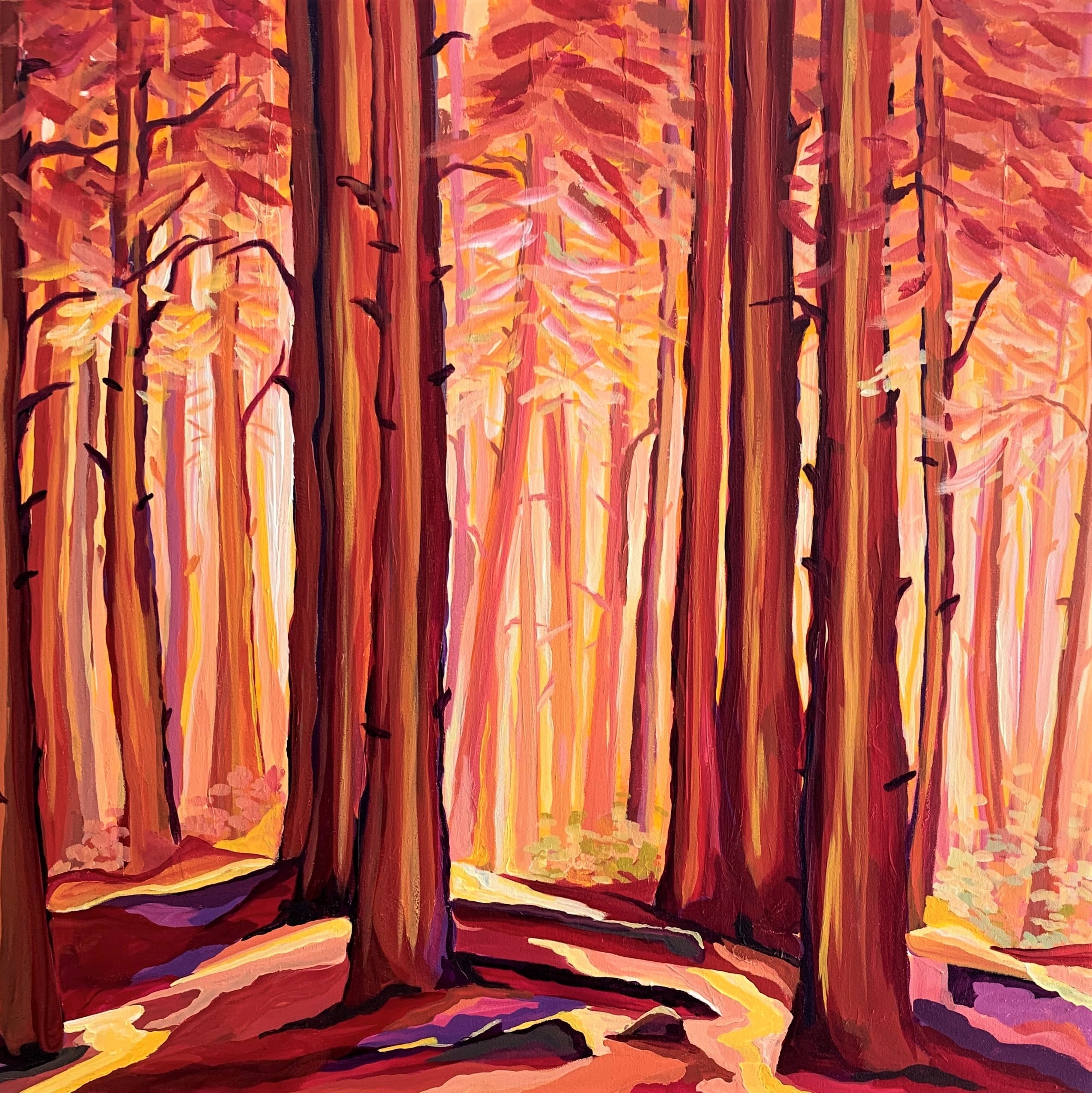 Experience the enchanting beauty of "Sunrise through Sugarpine" by Maggie Deall. This float-framed artwork captures the magical moment of sunlight piercing through a sugarpine forest, perfect for adding warmth and tranquility to any space.