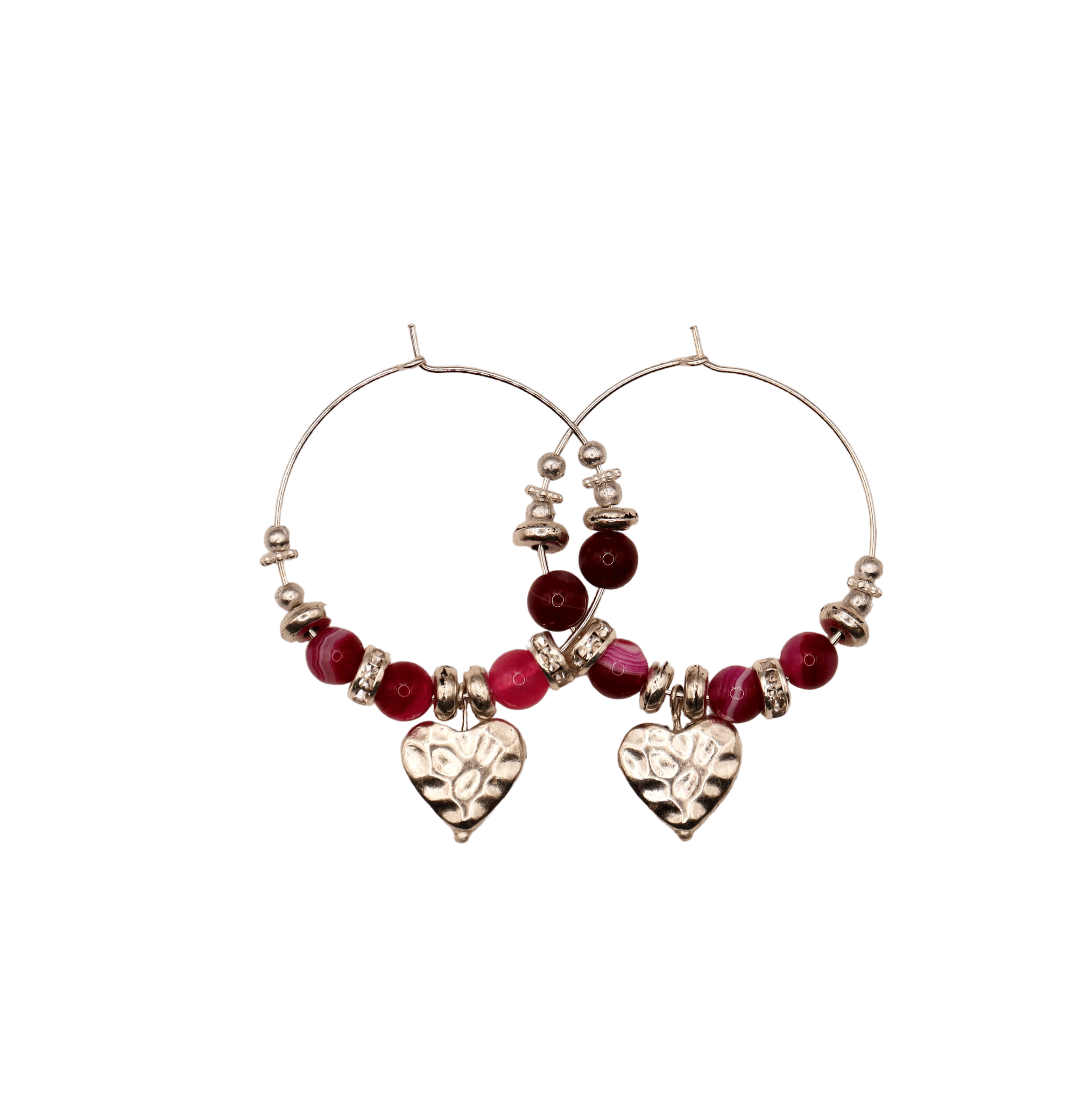 Streaky Pink Quartz with Silver Drop Heart Hoops