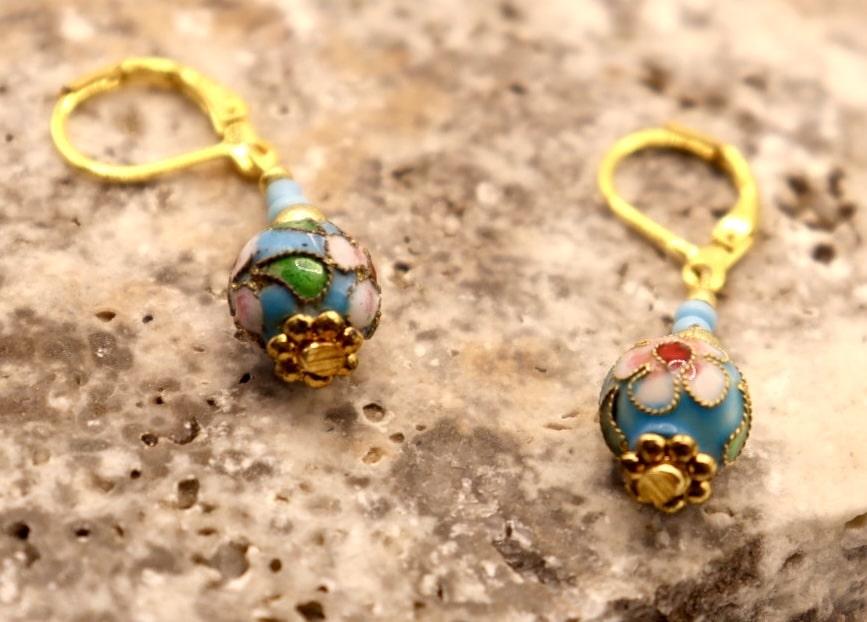 Blue and gold cloisonne earrings