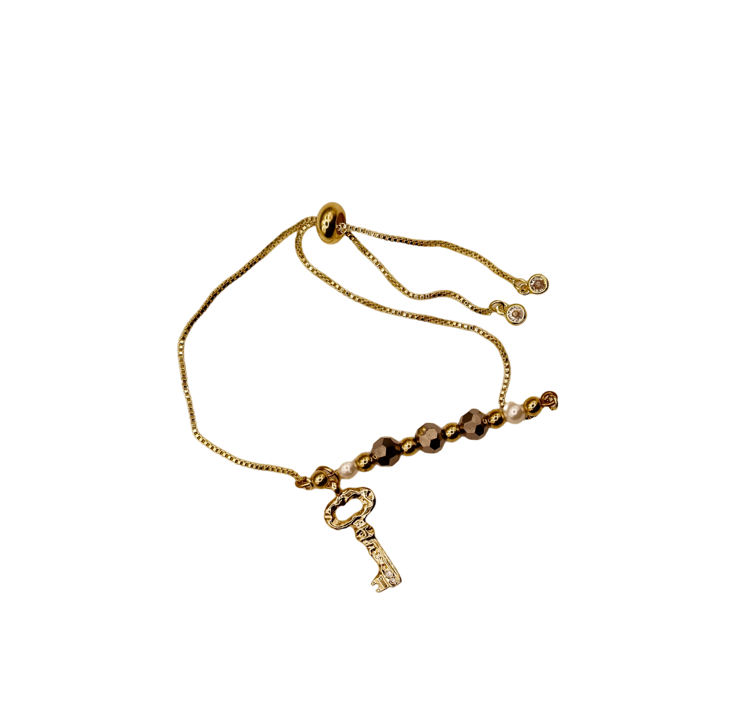 Bronze & Pearl Gold Slider Bracelet With Gold Key Charm