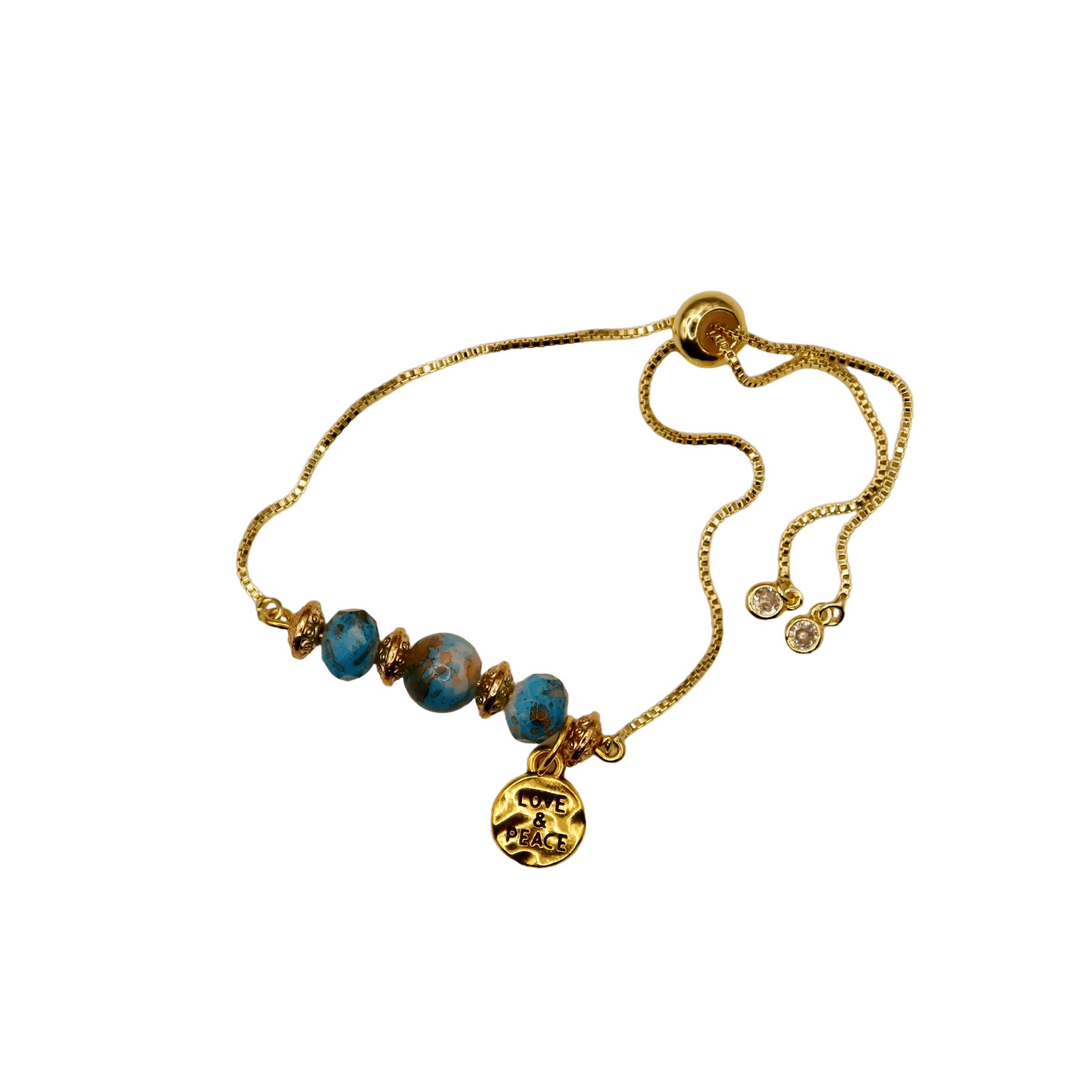 Ocean Bead & Gold Slider Bracelet with CZ Charms