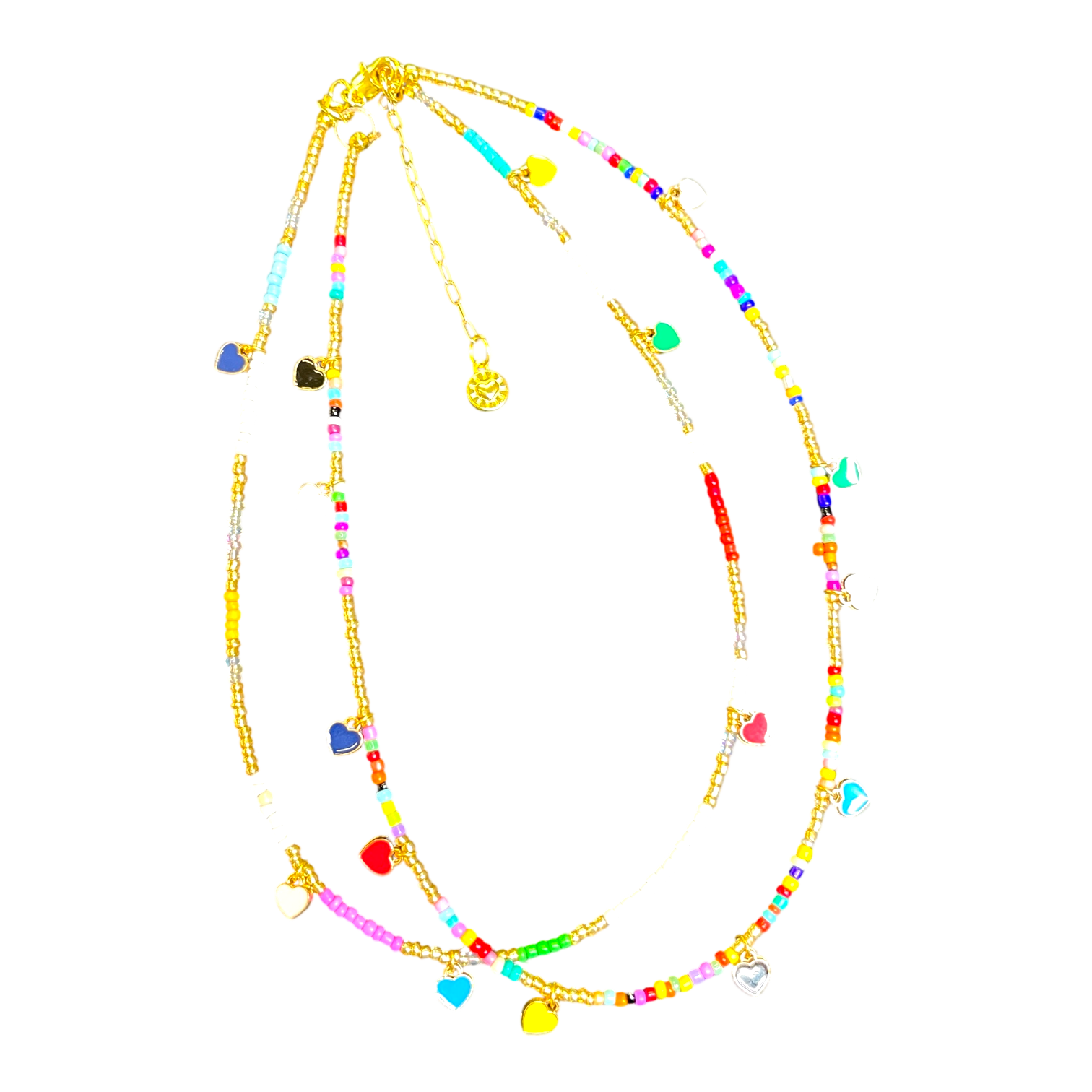 “Heart Skips a Beat” handmade Art in Stone necklace — rainbow beads, enamel hearts & semi-precious stones in playful Australian jewellery.