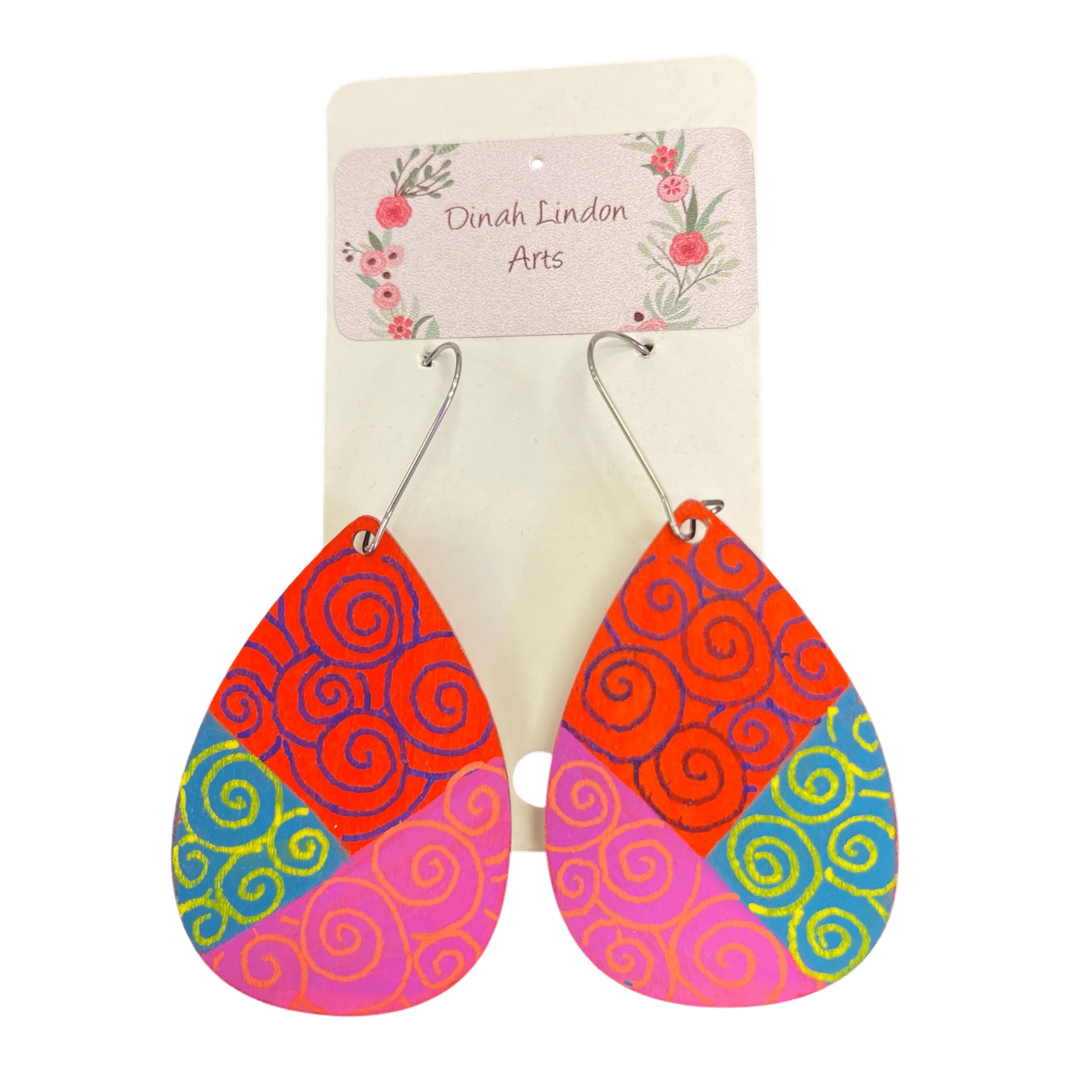 Candy Swirl Teardrop Earrings by Dinah Lindon – colourful, lightweight, handpainted statement earrings with a playful spiral design.