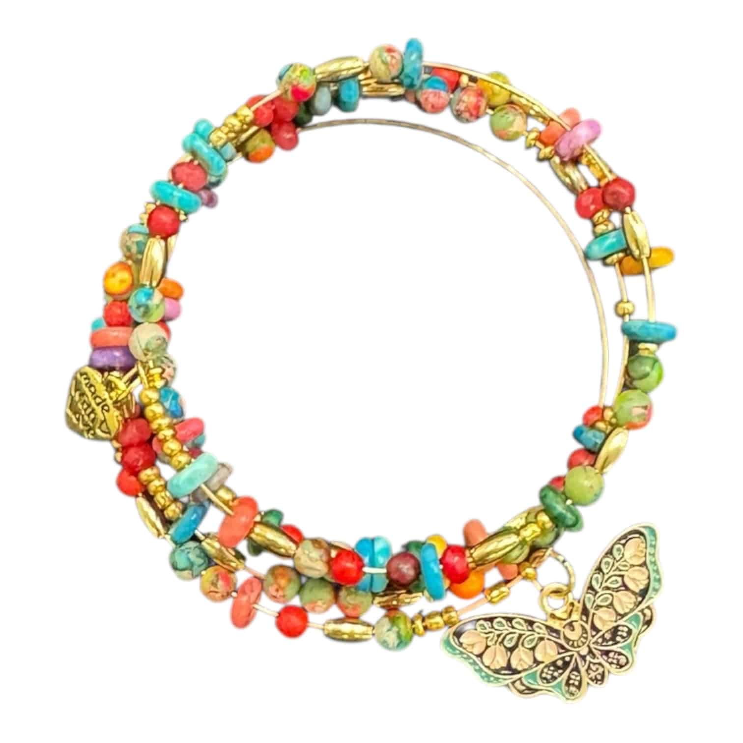 Colourful and joyful, the Wildflower Butterfly Bracelet sparkles with gemstone blooms and a golden butterfly charm for free spirits.