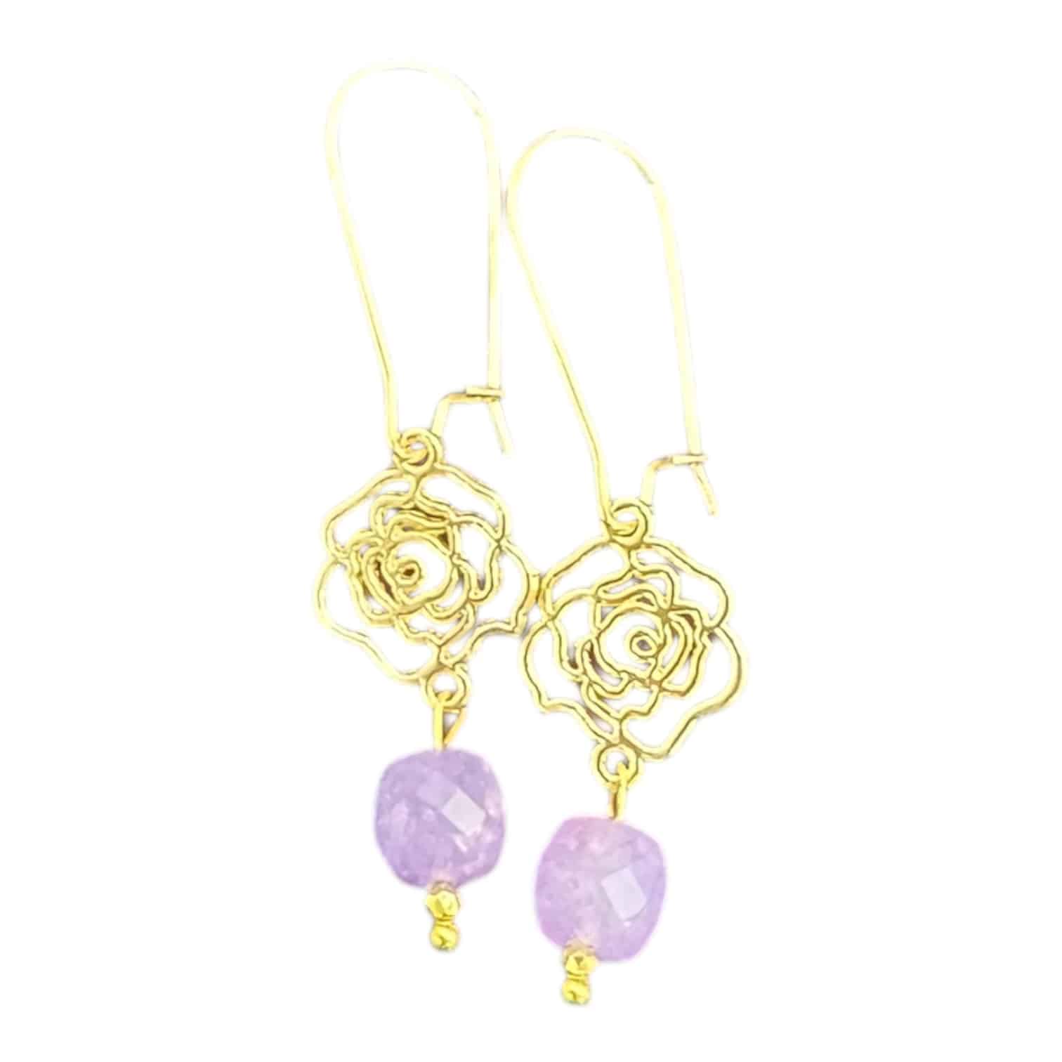 Romantic and radiant, Lavender Haze Earrings feature gold rose filigree and raw amethyst gemstones for soft, feminine charm.