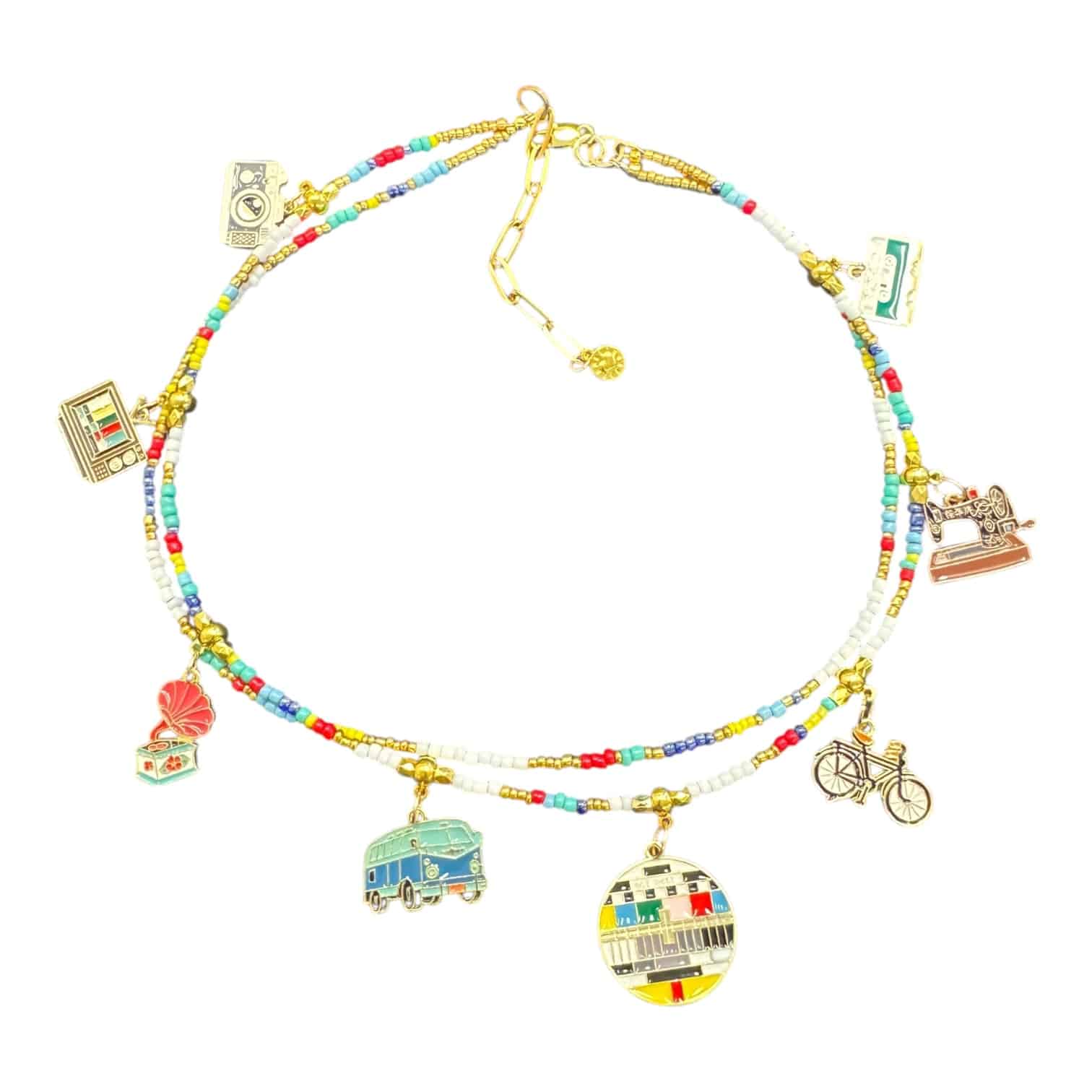 “Retro Revival” Art in Stone necklace — handmade in Australia with vintage enamel charms, semi-precious stones & nostalgic flair.