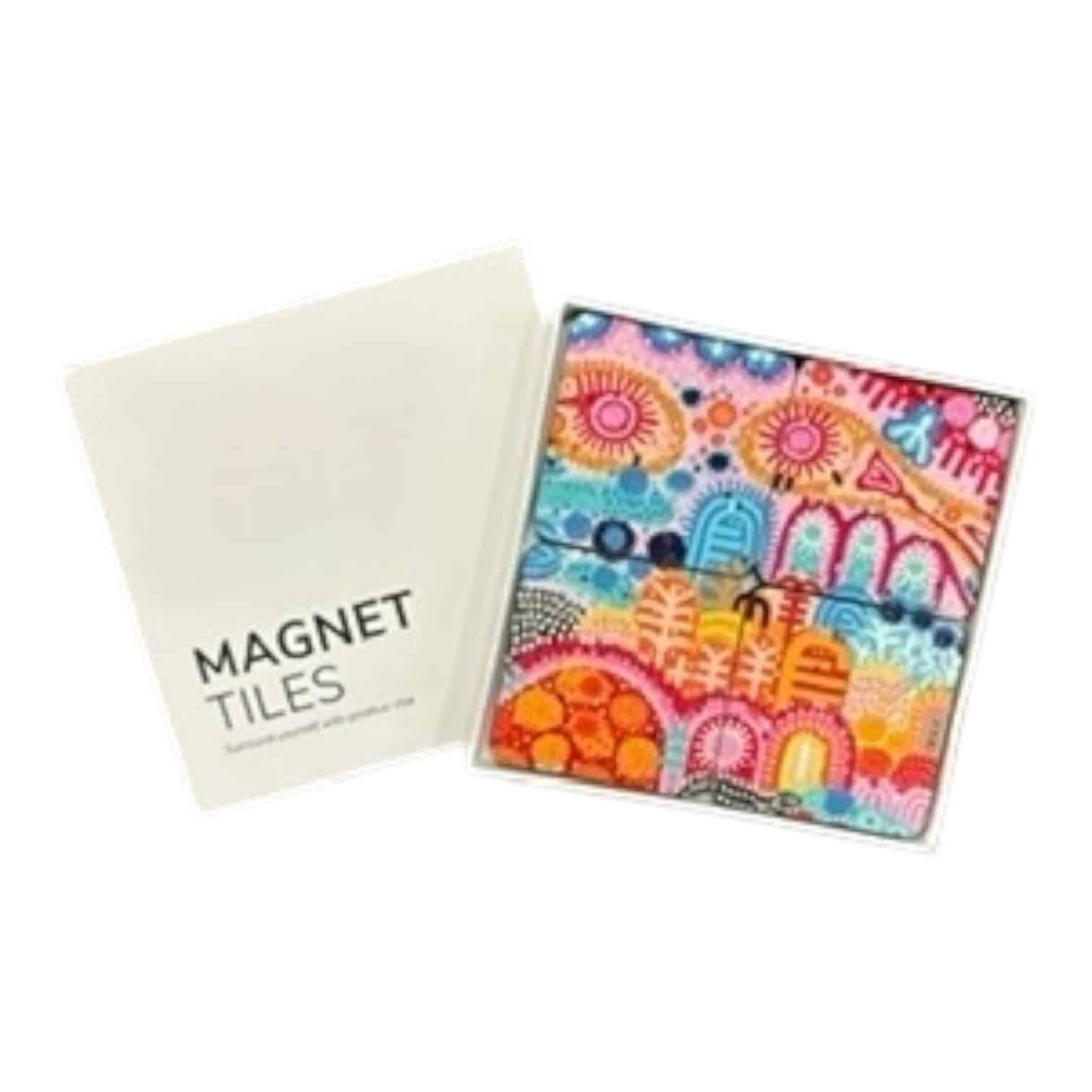 Transform your space with Showtime by Gena Smith, a 4-piece magnet tile set showcasing vibrant abstract art. Perfect for magnetic surfaces!
