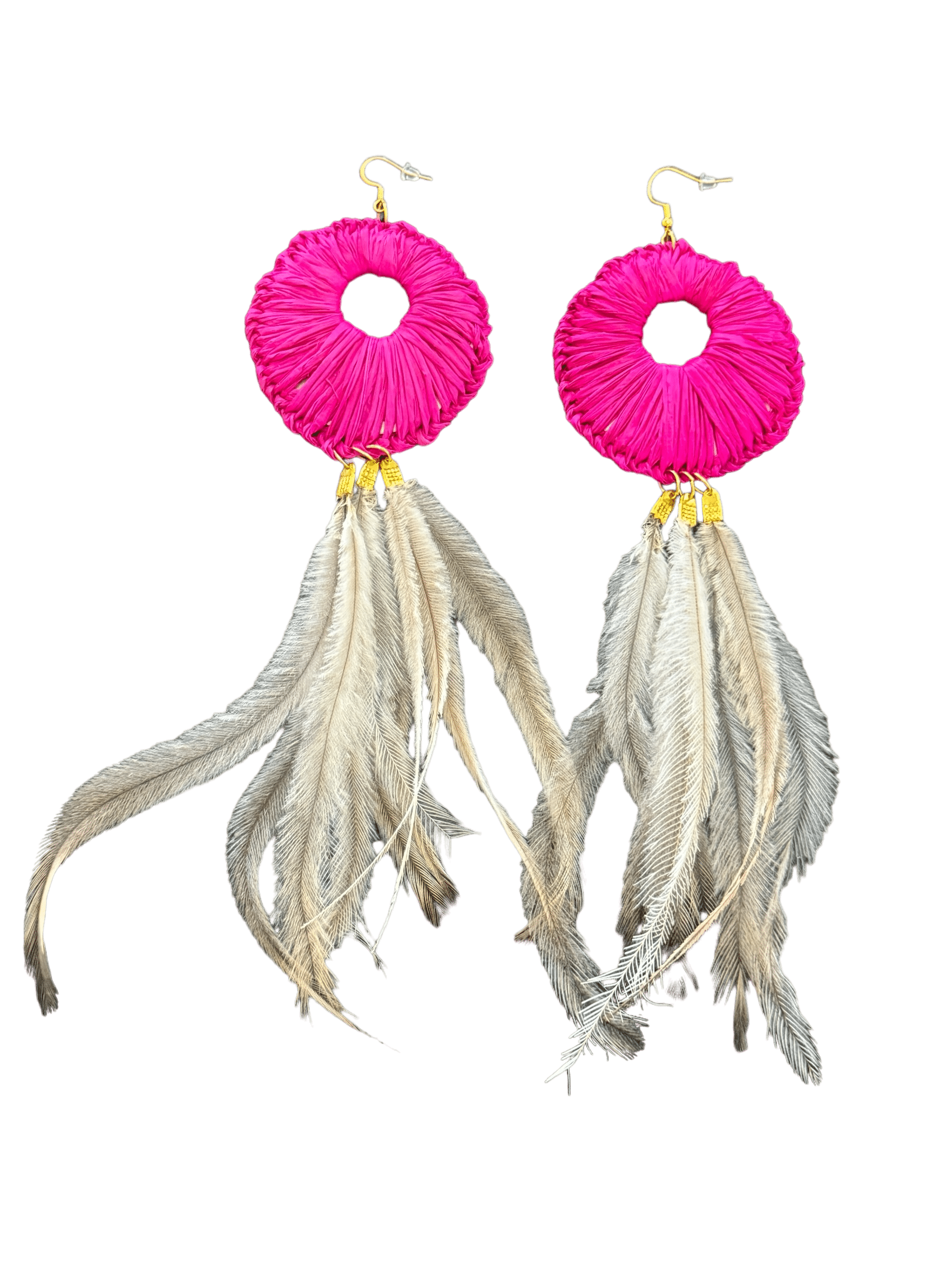 Bright pink raffia and emu feather earrings by Debbie Wood