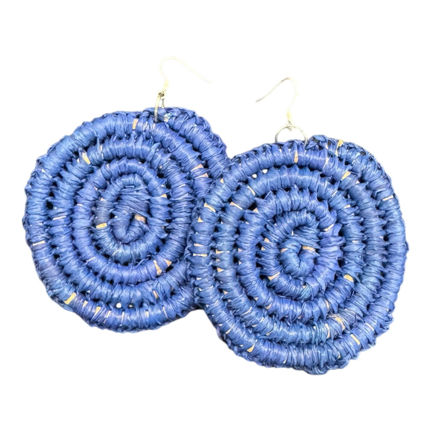 Blue handwoven raffia earrings by Gomeroi artist Debbie Wood. Lightweight spiral Indigenous jewellery. Shop Australian handmade earrings.