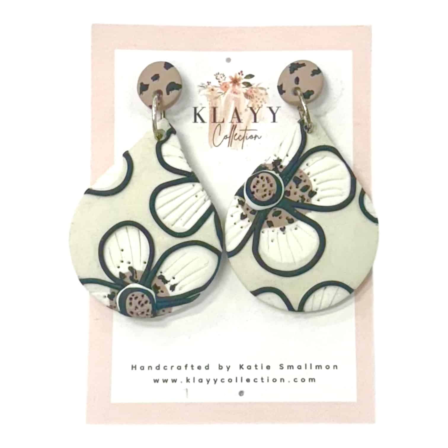 Handmade Wildflower Whisper Earrings by Klayy Collection — black and white floral polymer clay teardrop earrings with timeless elegance.