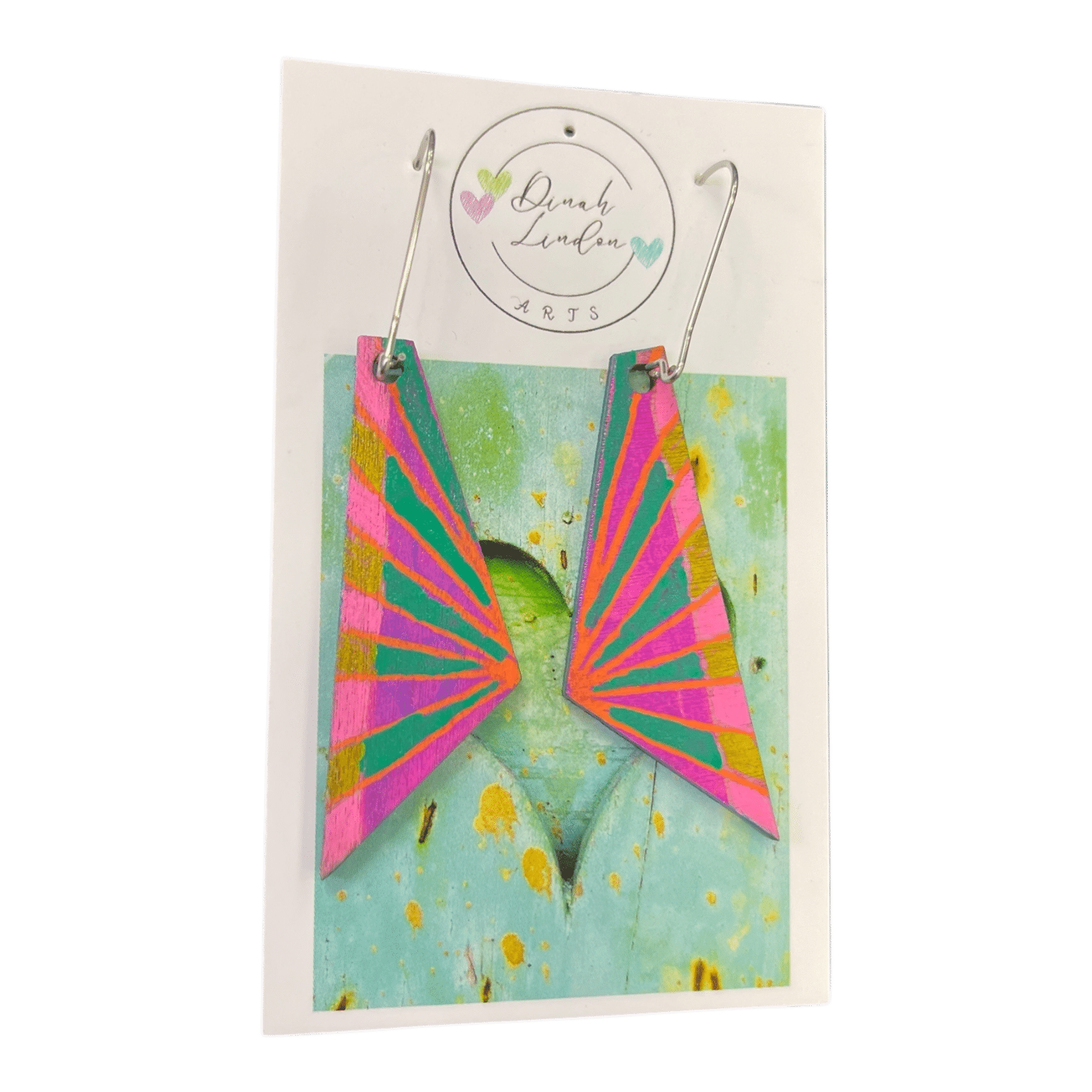 Radiant Burst Wings by Dinah Lindon – handpainted statement earrings with bold colour bursts and angular wing shapes.