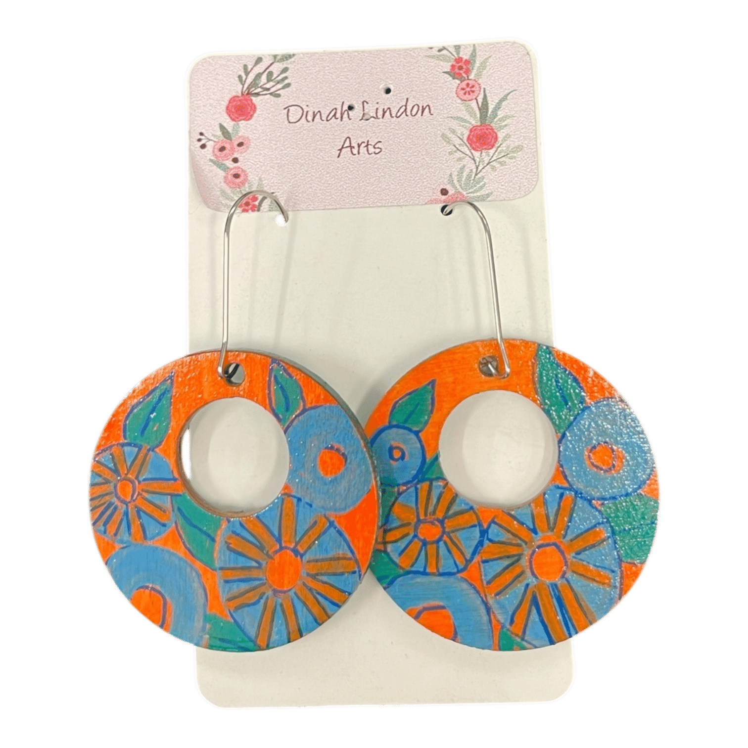 Retro Bloom Hoops by Dinah Lindon – handpainted round earrings with bold blue and orange floral designs on lightweight wood.