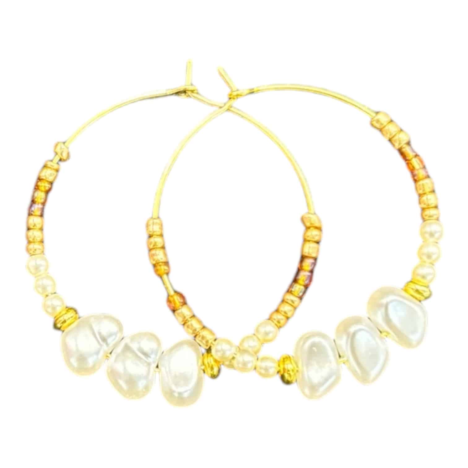 Handcrafted earrings featuring freshwater pearls and amber crystals, inspired by sunset tides. Unique, elegant, and perfect for any occasion.