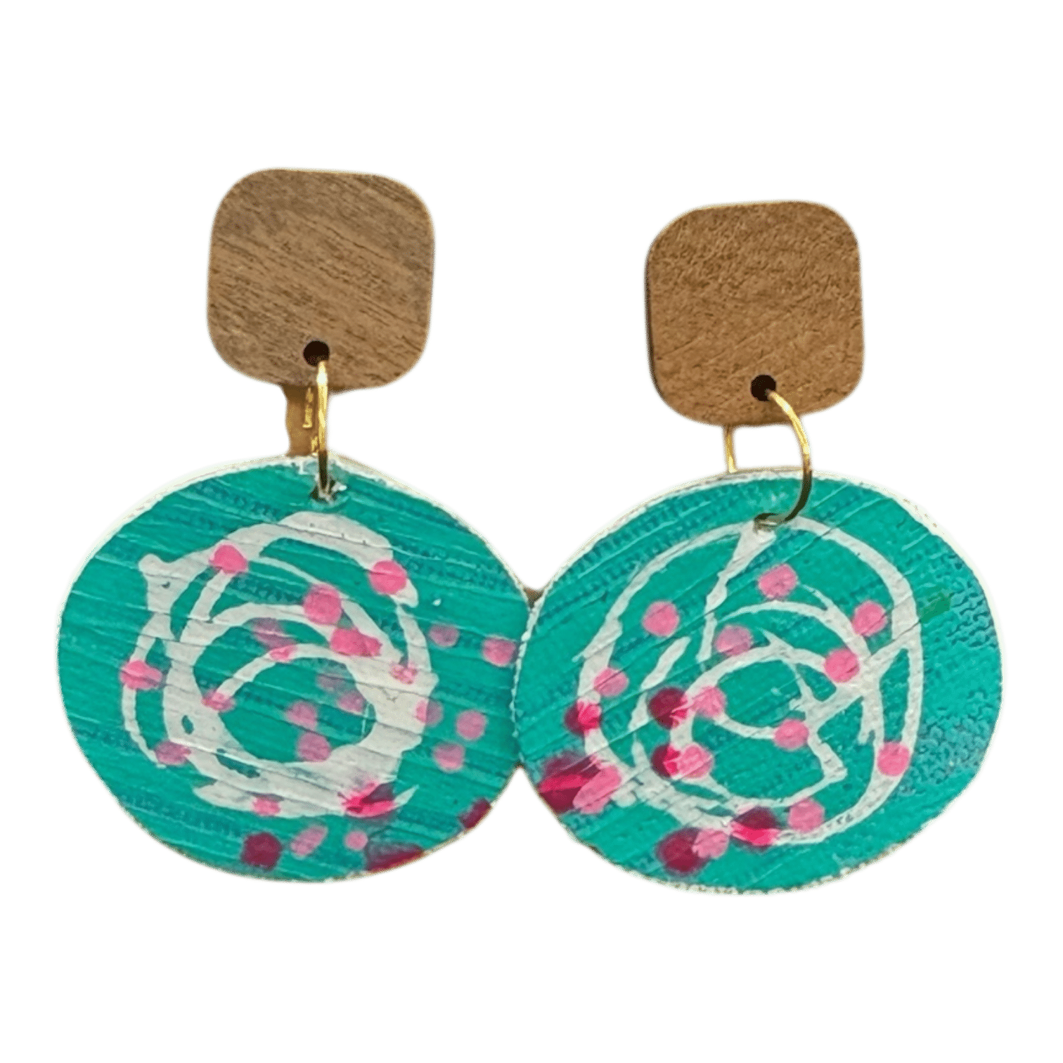 Lagoon Loops hand-painted earrings by Lindy Farley — turquoise & pink ocean-inspired eco jewellery crafted from recycled coffee pods.