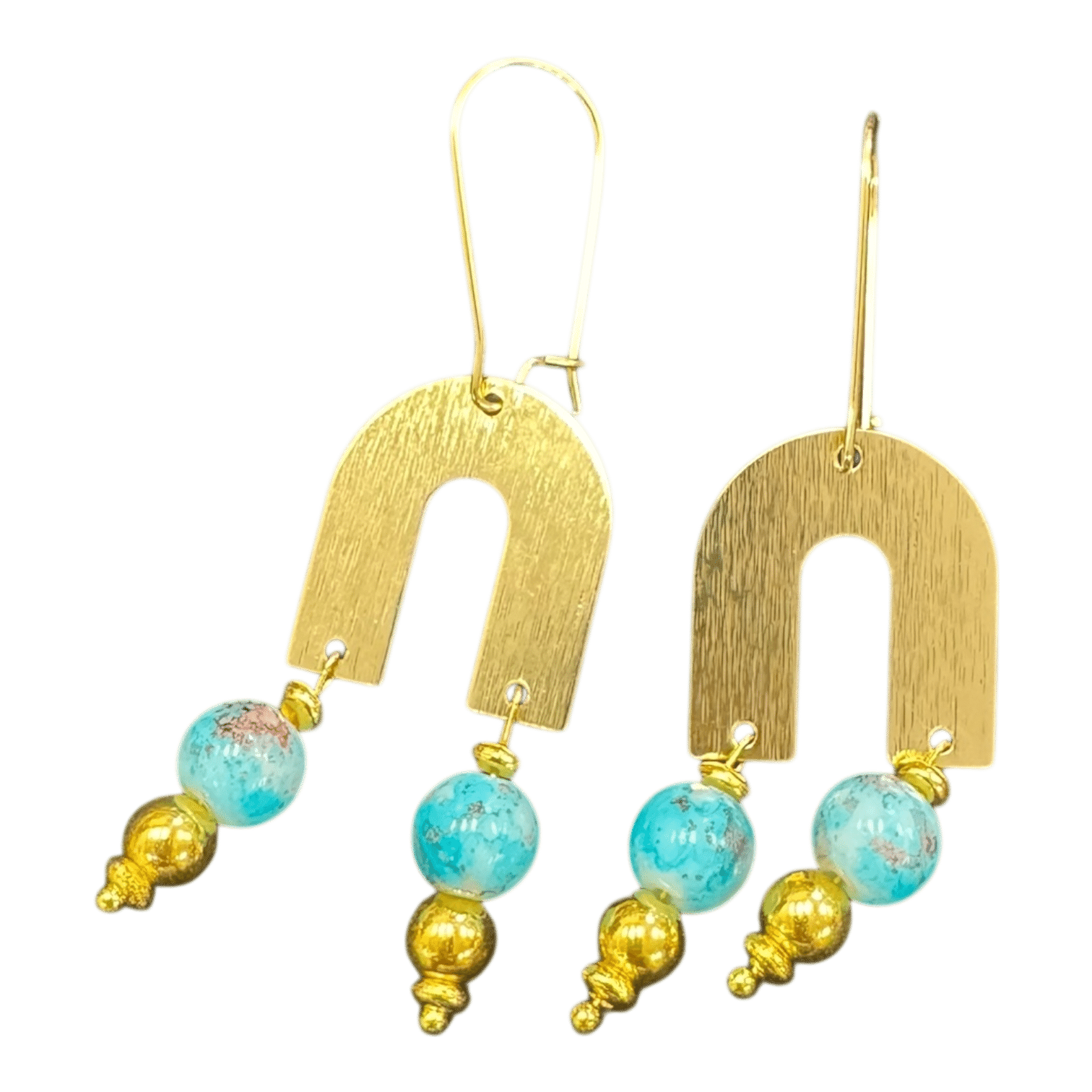 Sea Glass Arches Earrings by Art in Stone — handmade gold and turquoise earrings inspired by ocean tones and coastal calm.