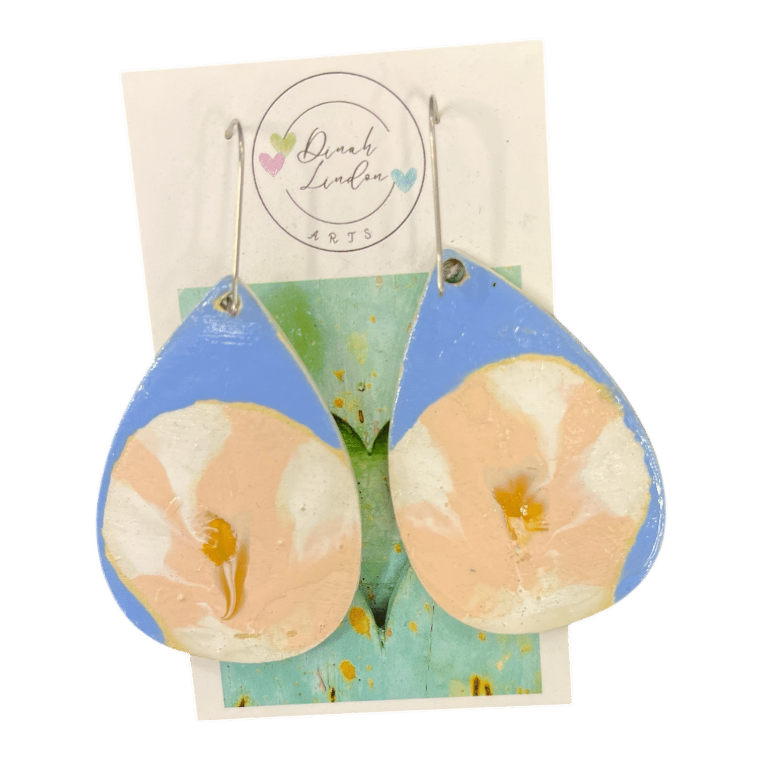 Soft Bloom Teardrops by Dinah Lindon – handpainted floral earrings in soft peach and blue, inspired by serene garden mornings.