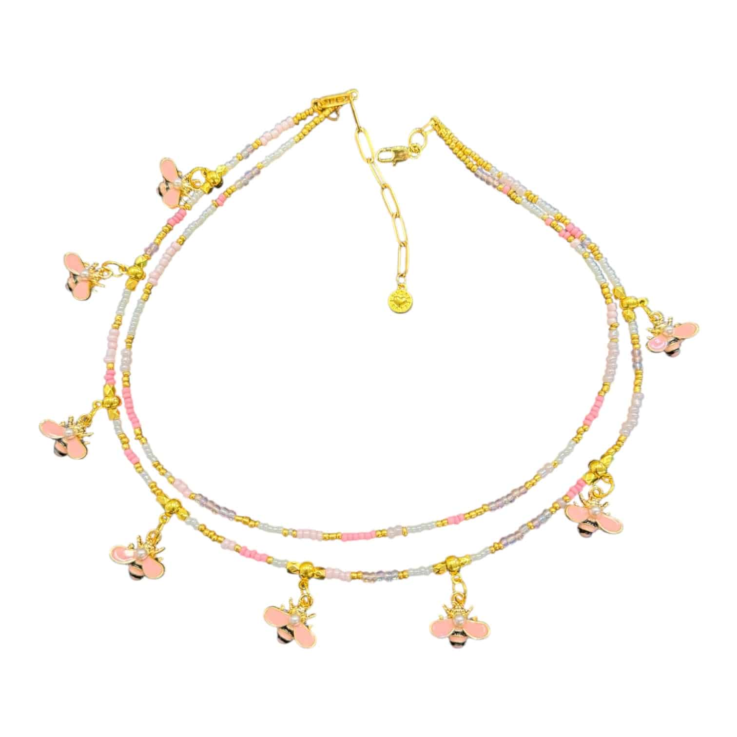 “Bee Happy” handmade Art in Stone necklace — enamel bee charms, golden crystals & semi-precious stones, joyful Australian jewellery.