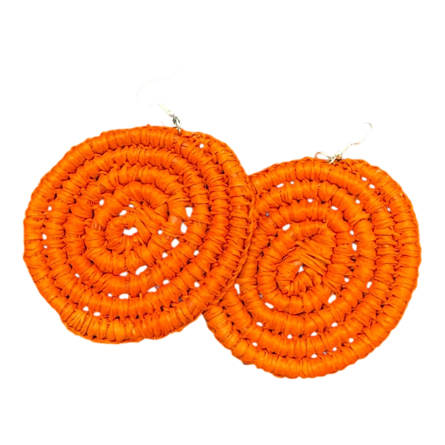 Handwoven orange raffia earrings by Gomeroi artist Debbie Wood. Lightweight, bold spiral earrings. Unique Australian Indigenous handmade jewellery.