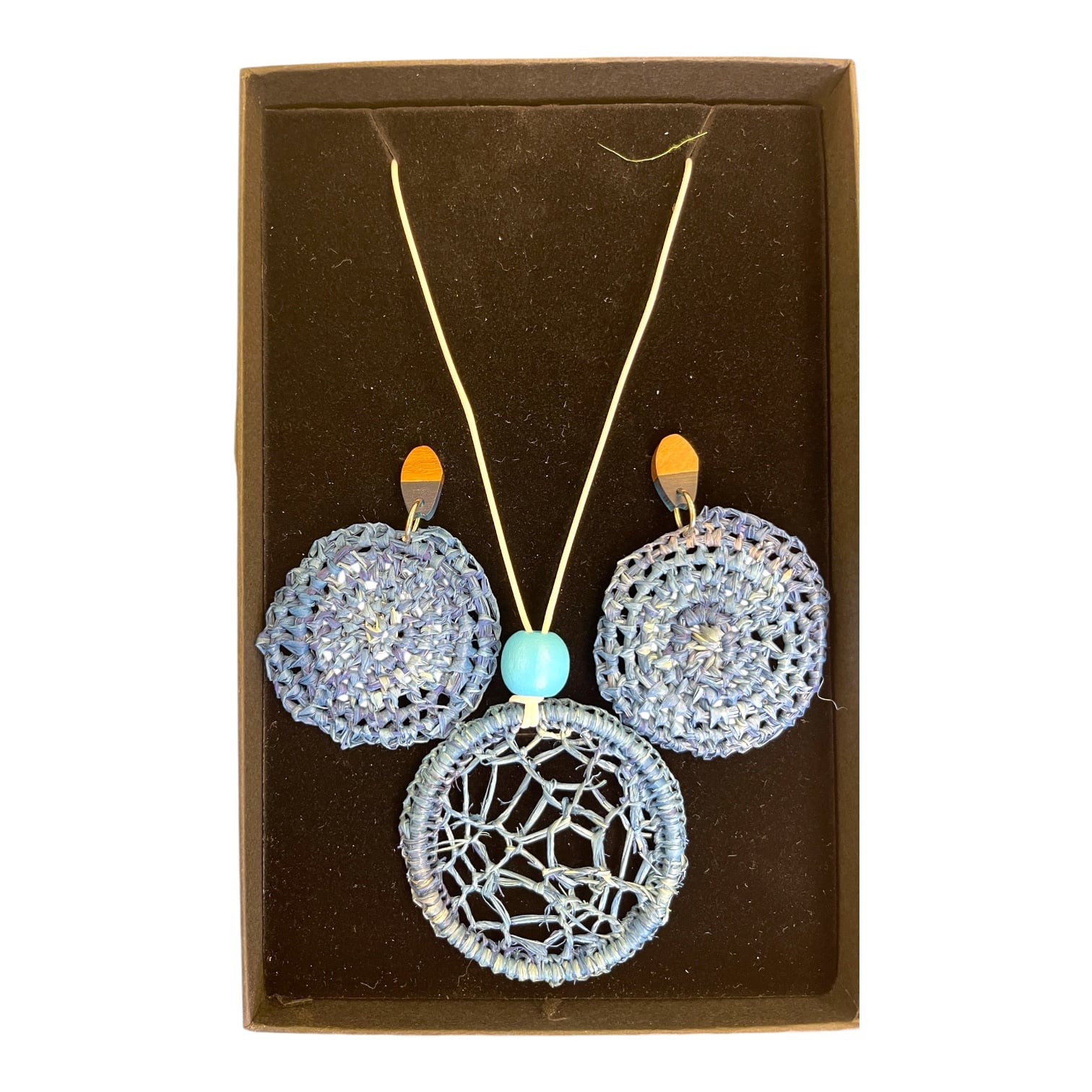 Ocean Spirit – Handwoven raffia jewellery set by Debbie Wood with dreamy blue tones and ocean-inspired pendant.