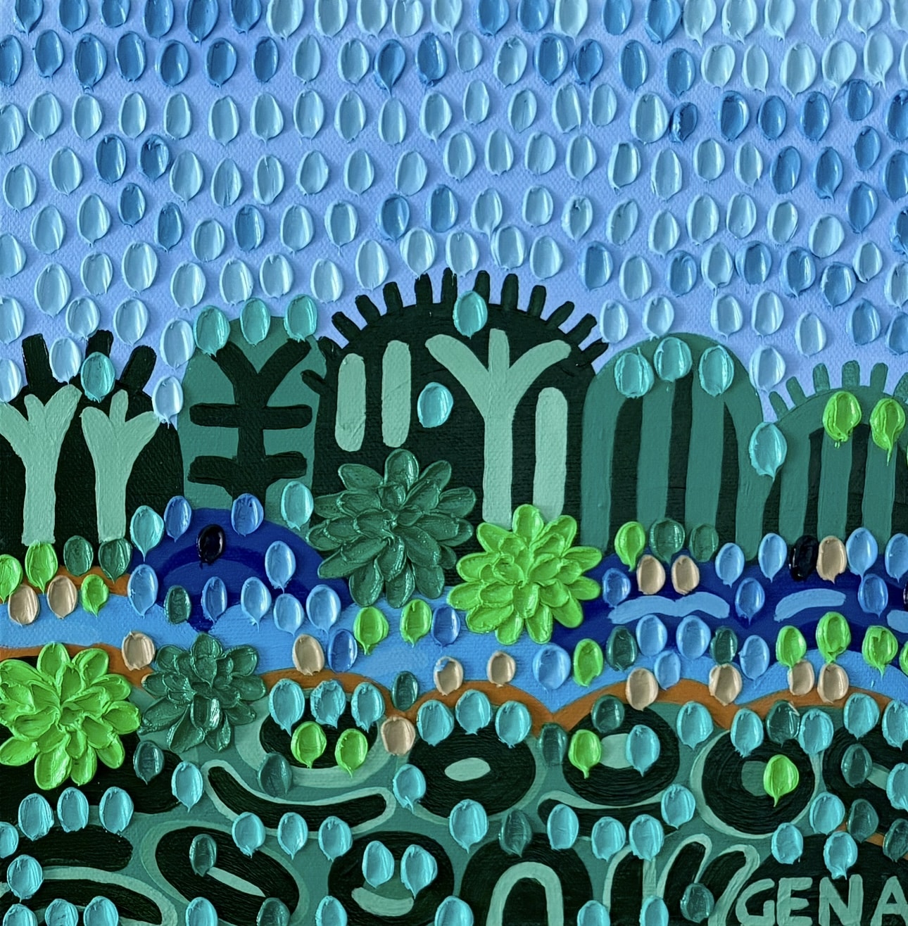 Gena Smith’s oil paintings burst with colour, pattern, and texture—joyful contemporary artworks that celebrate nature, rhythm, and vibrant Australian abstraction.