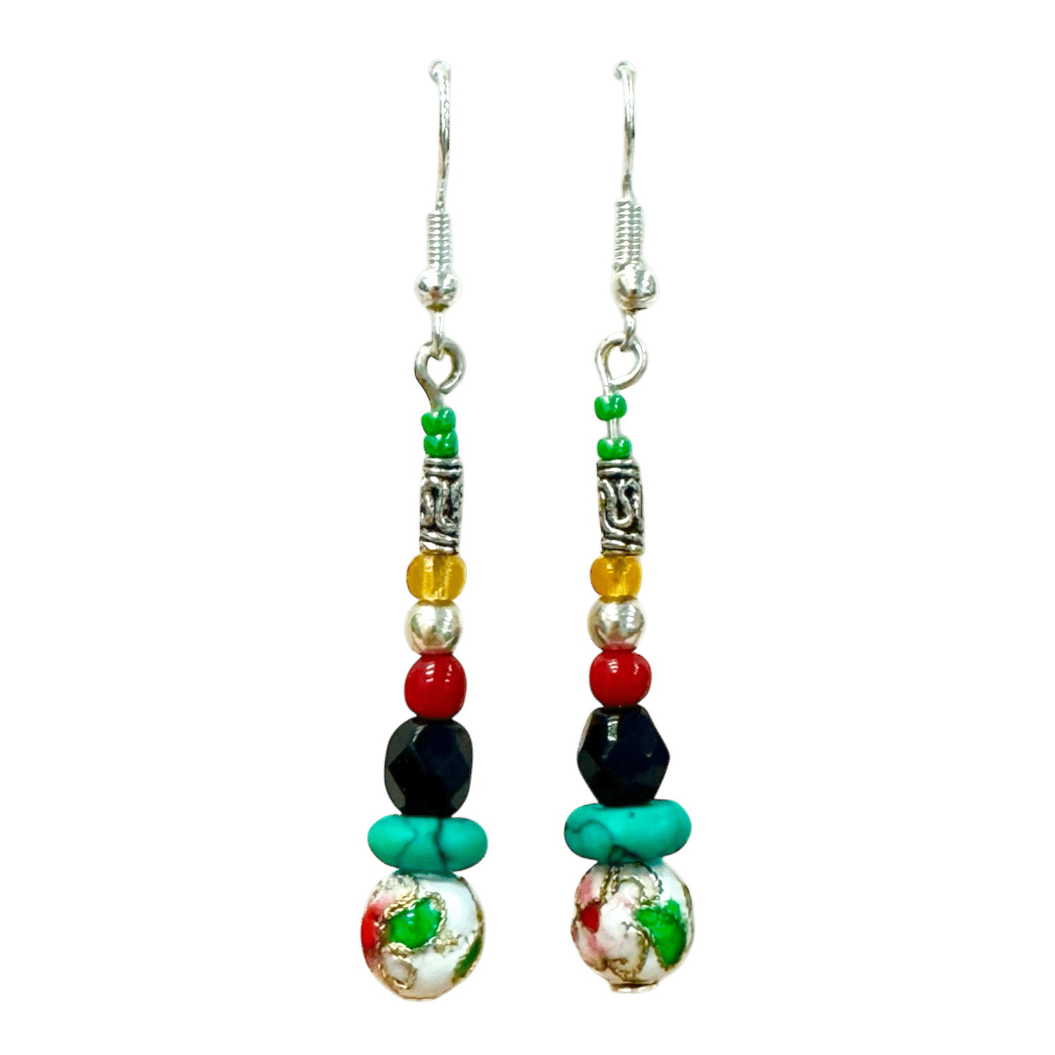 Carnival Spirit Earrings by Kevin Sterling – colourful, boho-inspired silver and bead earrings with joyful floral ceramic detail.
