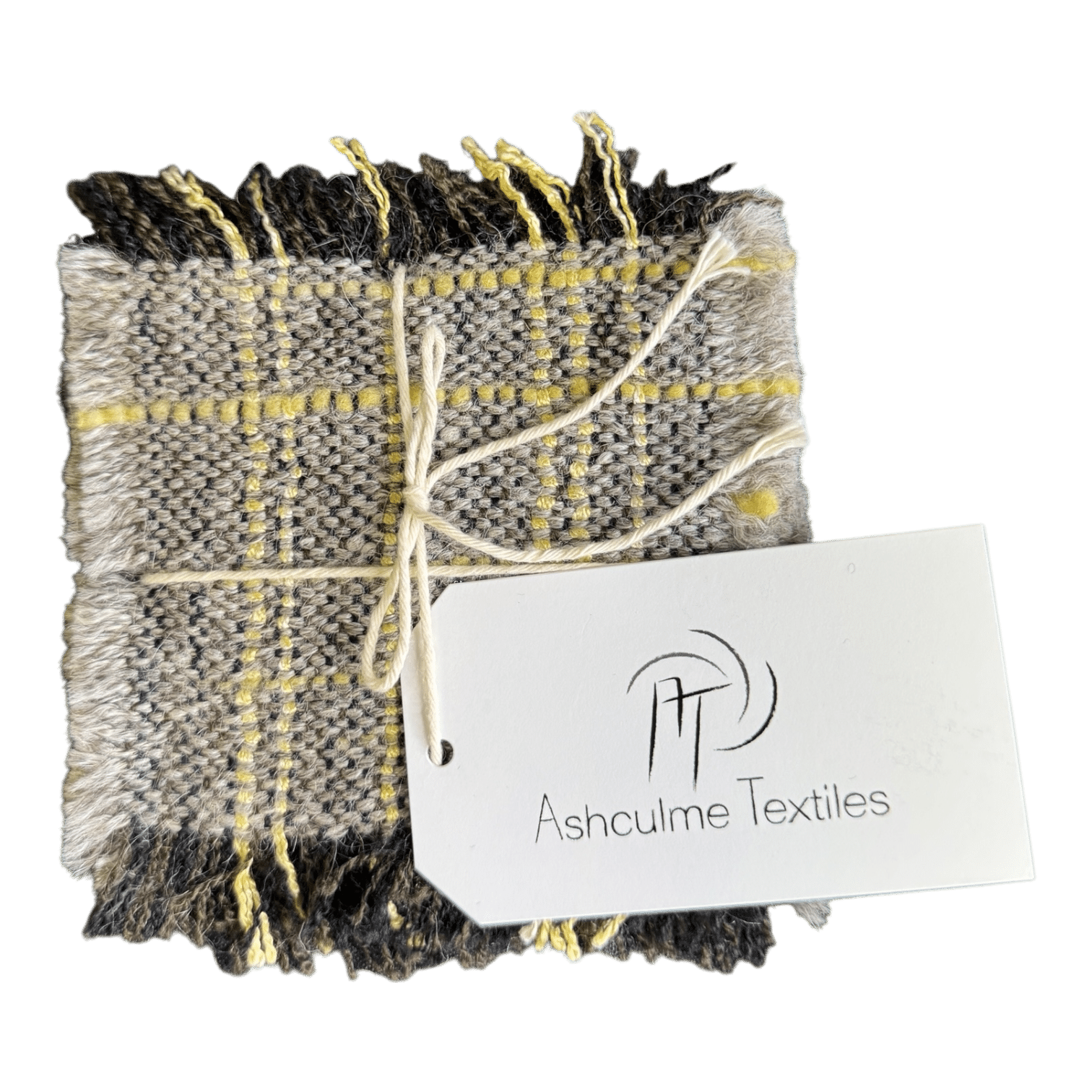 Yellow and grey check coasters handwoven in alpaca and merino. Naturally dyed with foraged plants. Set of four - Lemon Check coasters.