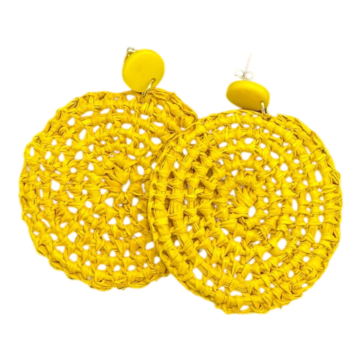Handwoven yellow raffia earrings by Gomeroi artist Debbie Wood. Lightweight, vibrant, cultural, and contemporary statement earrings. Shop unique Australian handmade jewellery.