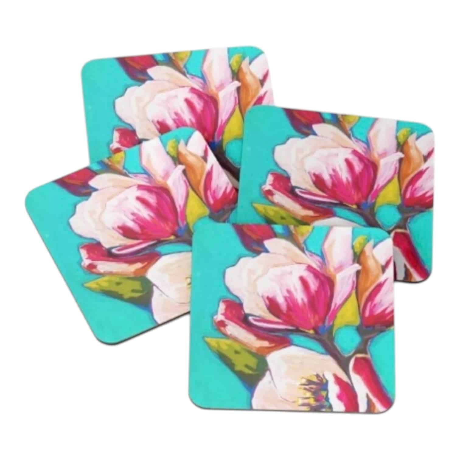 Add spring charm to your table with Maggie Deall's Magnolia Spring Coasters. Vibrant floral art, cork backing, 9.5 x 9.5 cm, perfect for drinks!