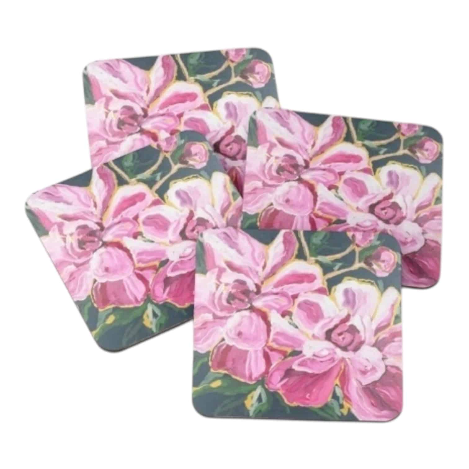 Elegant Midnight Peonies Coasters by Maggie Deall. Romantic pink blooms, cork backing, glossy finish. Perfect for every occasion!