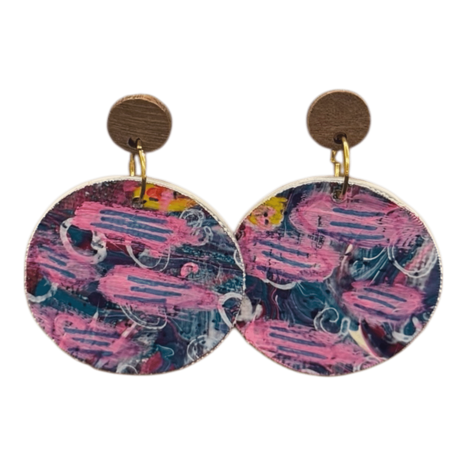 Midnight Scribbles hand-painted earrings by Lindy Farley — vibrant navy and pink eco-friendly jewellery made from recycled coffee pods.