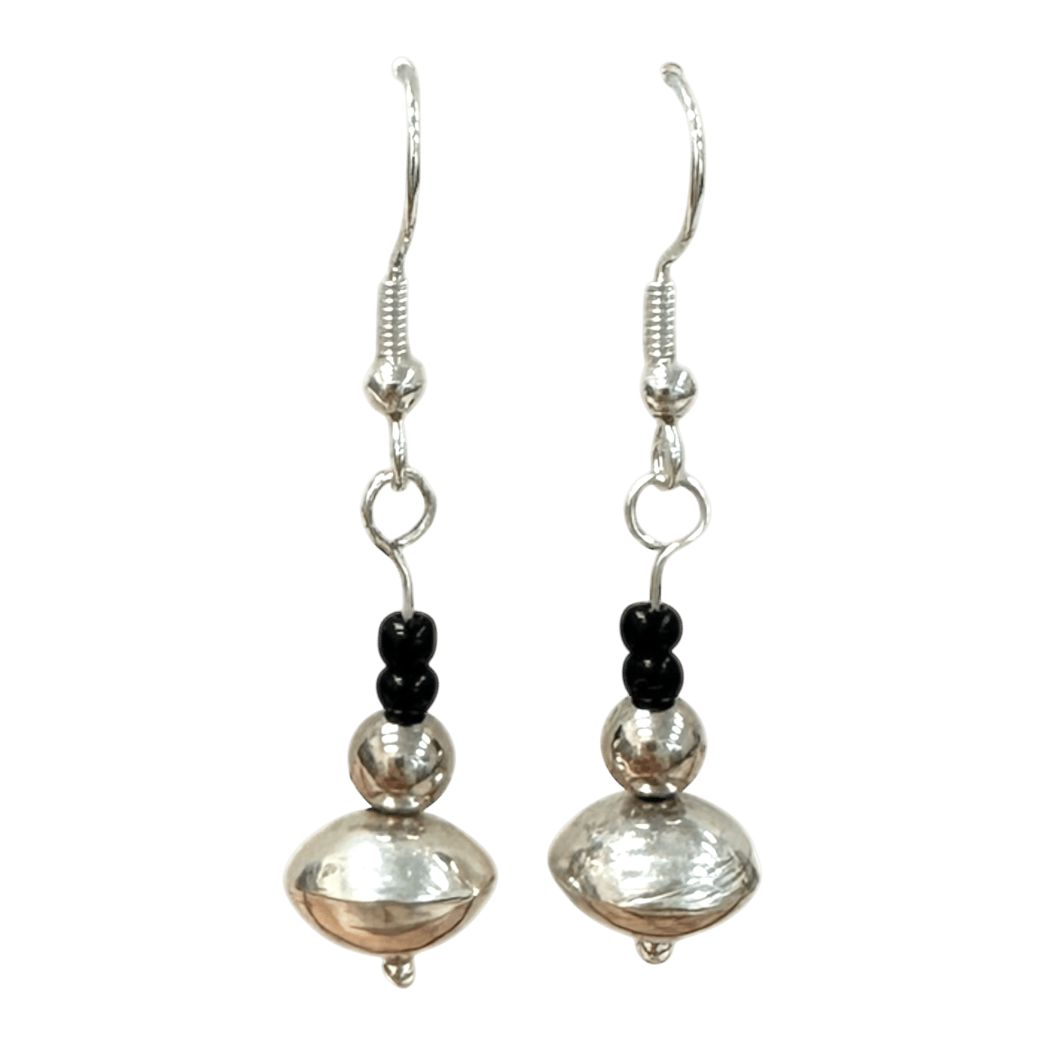 Midnight Bell Earrings – handcrafted black and silver beaded earrings by Kevin Sterling with sculptural silver bell accents.