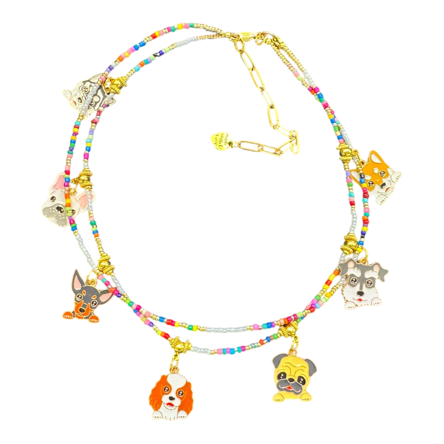“Puppy Parade” handmade Art in Stone necklace — enamel dog charms, rainbow beads & semi-precious stones. Playful Australian jewellery.