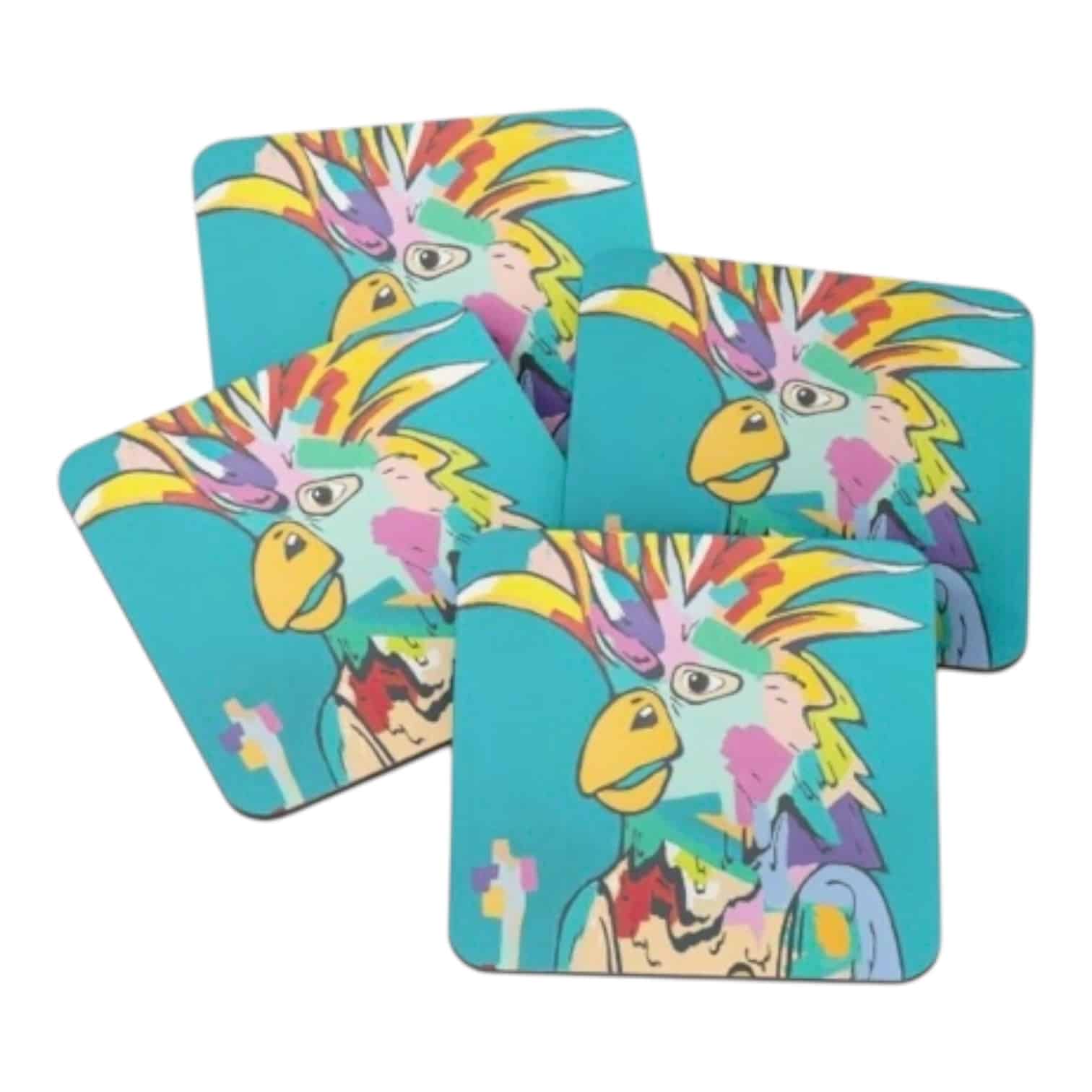 Quirky My Name Is Not Kevin Coasters by Maggie Deall. Bold parrot design, cork backing, lightweight, and stylish for any surface!